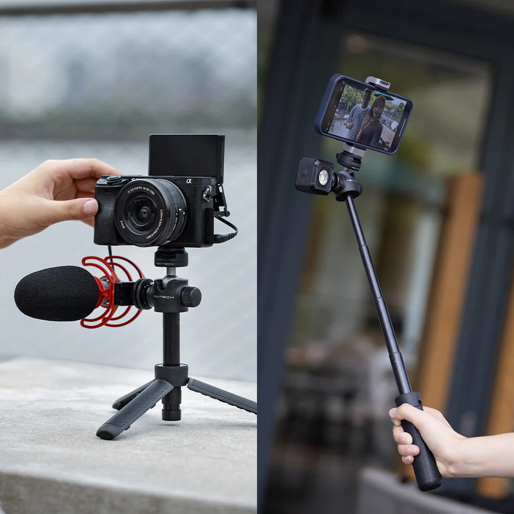 Camera setup with microphone and tripod on left, and camera on selfie stick on right.