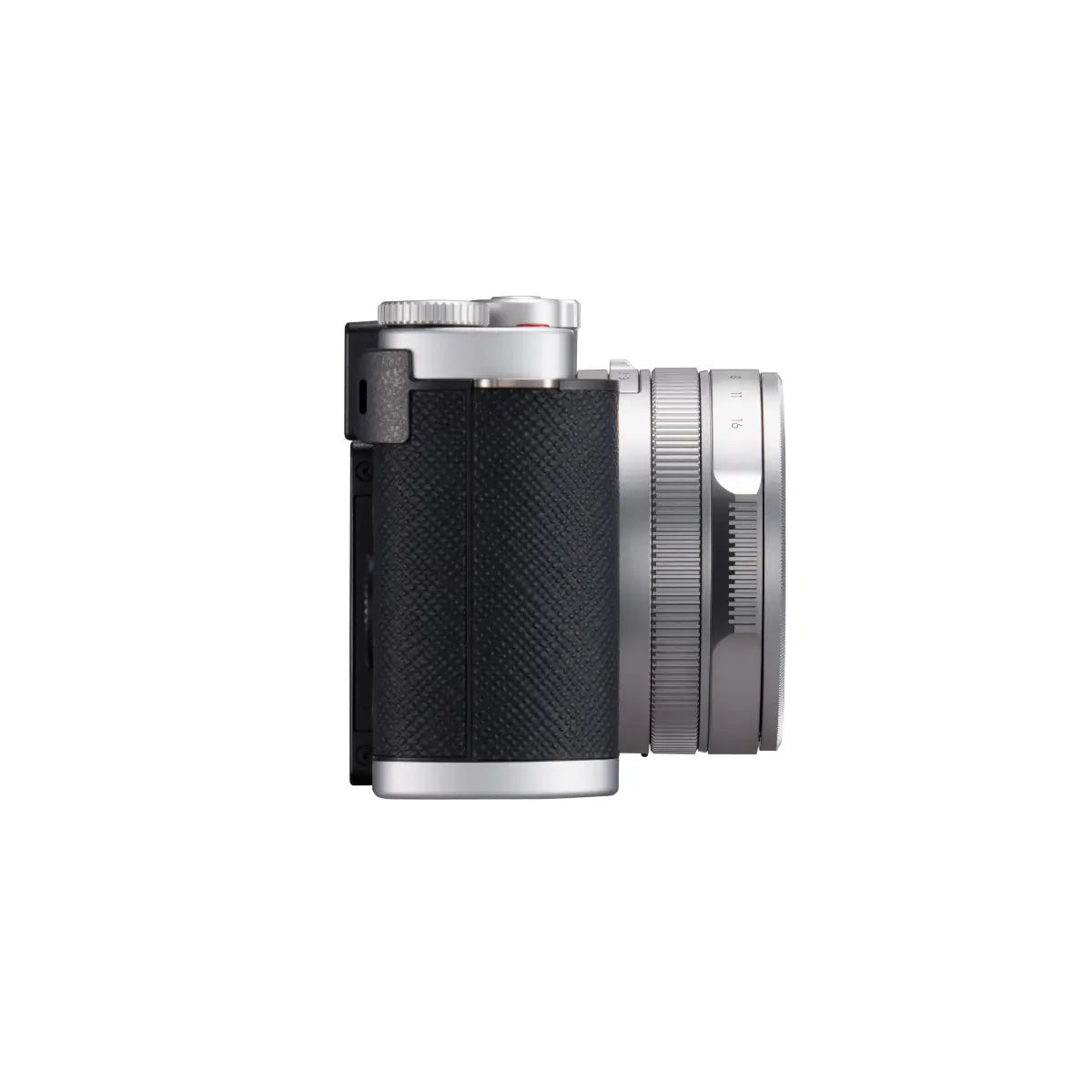 Camera with black textured grip and silver accents on a white background