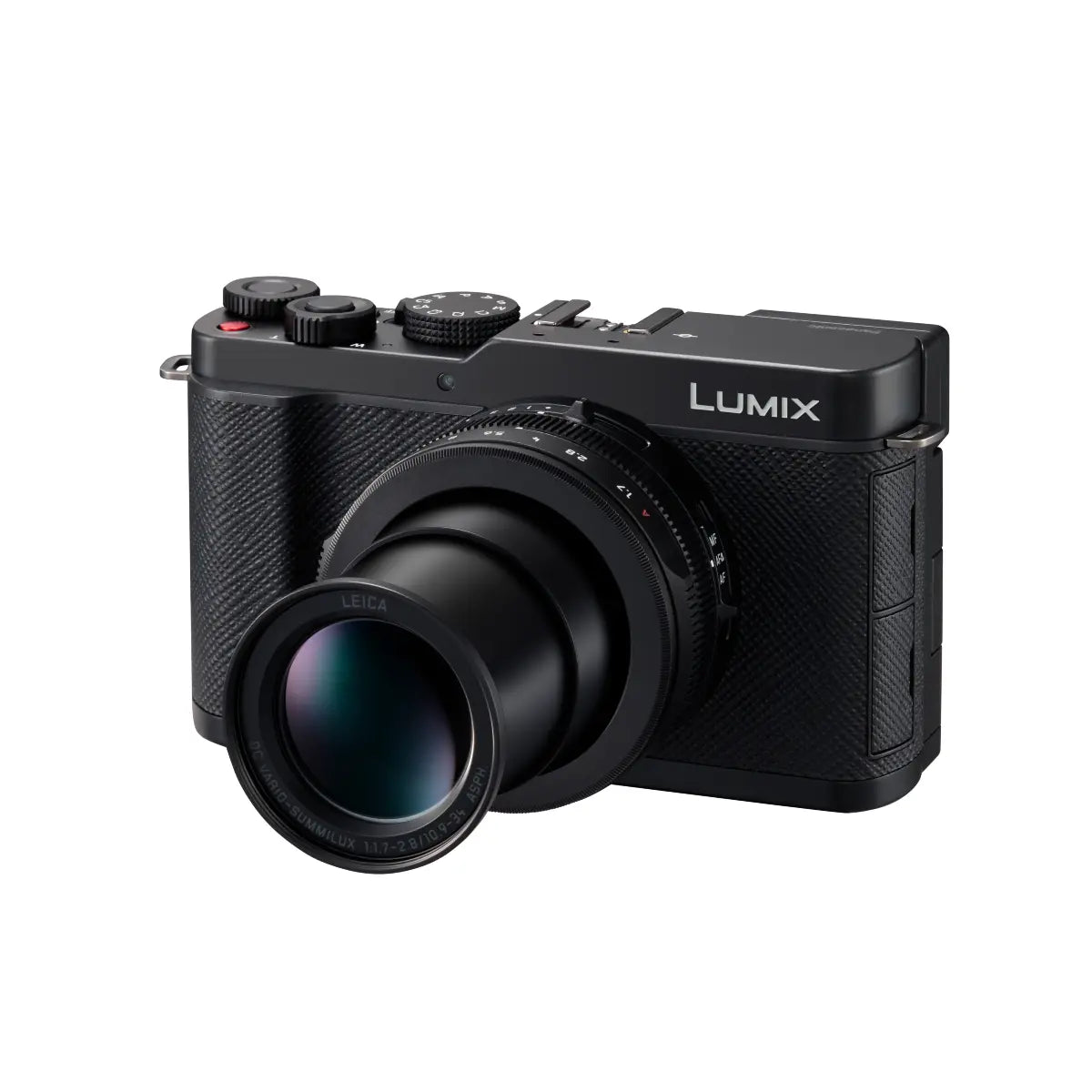 Black Panasonic Lumix camera on a white background