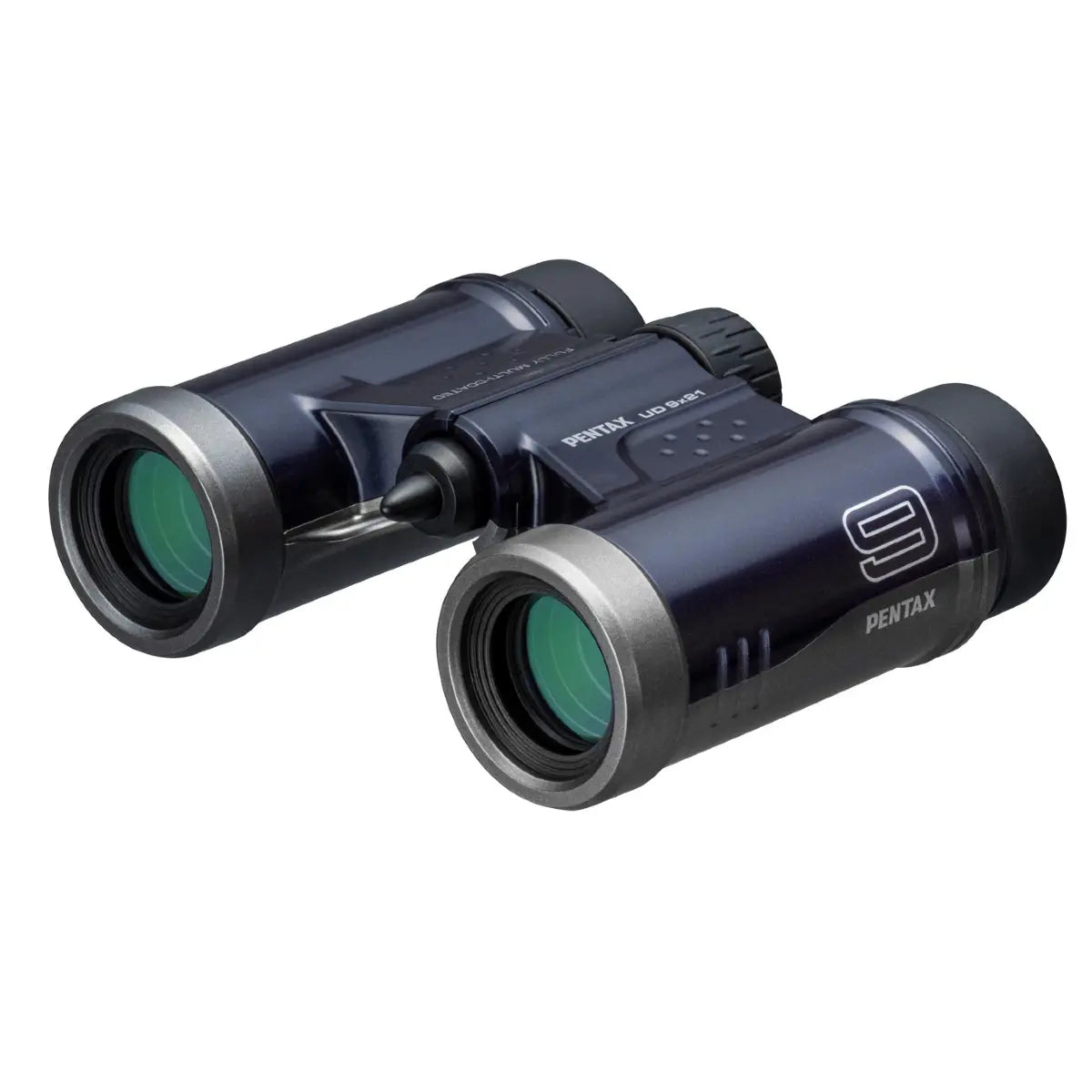 A pair of navy-colored Pentax UD 9x21 binoculars with fully multi-coated optics, visible adjusting ring, and branding on the side.