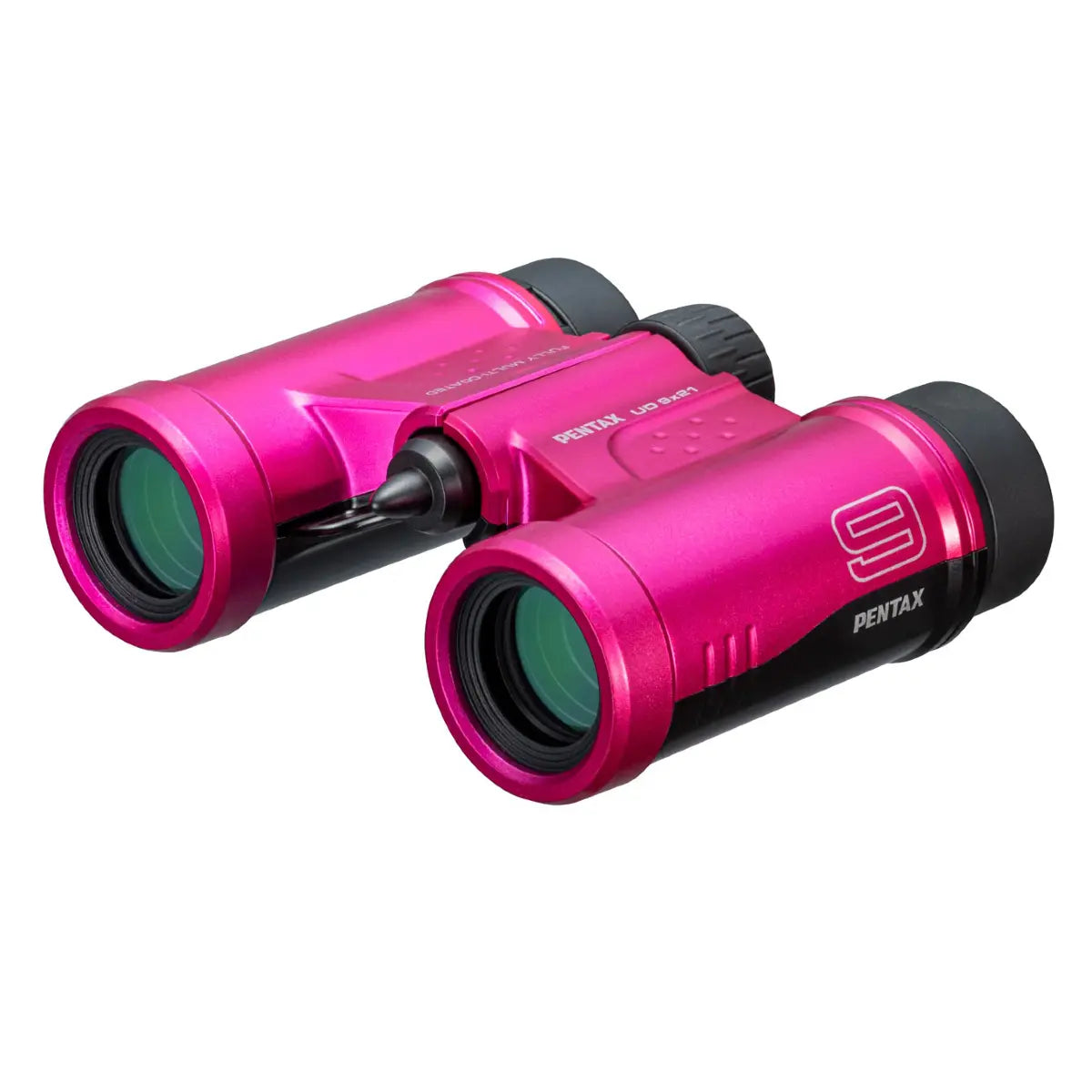A pair of pink Pentax UD 9x21 binoculars with black accents and green lenses.