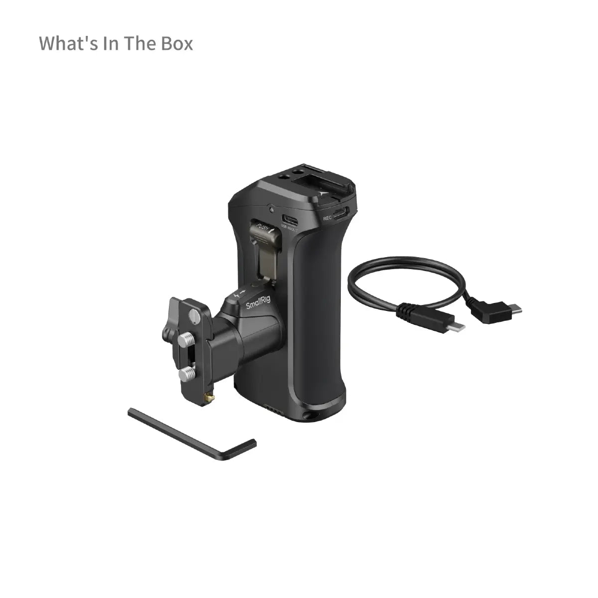 Black electronic device with a cable and screw on a white background