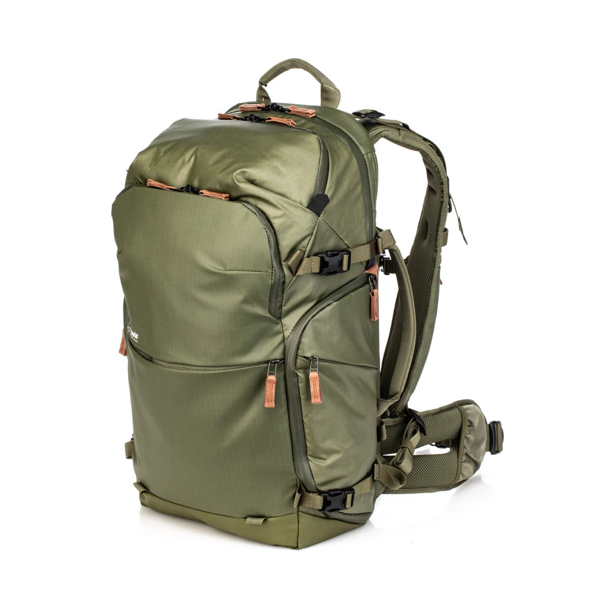 Green backpack on a white background