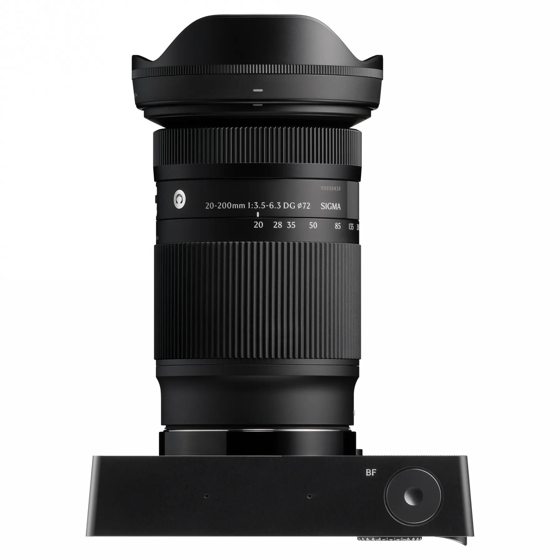 Black camera lens on a white background