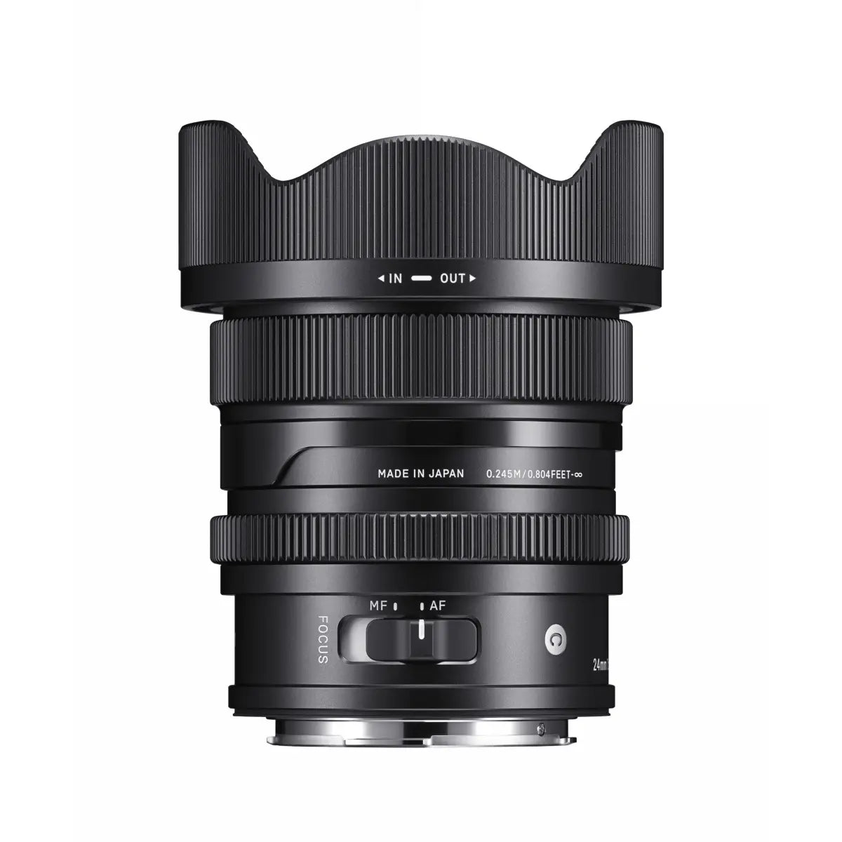 Sigma AF 24mm F/2 DG I Contemporary Lens - L Mount side with lens hood