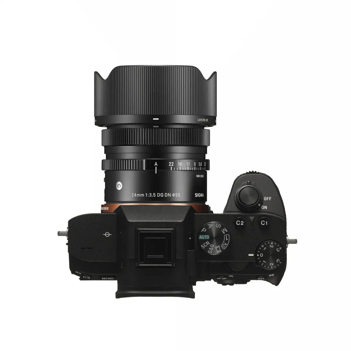 Sigma AF 24mm F/3.5 DG I Contemporary Lens - Sony E Fit top on camera