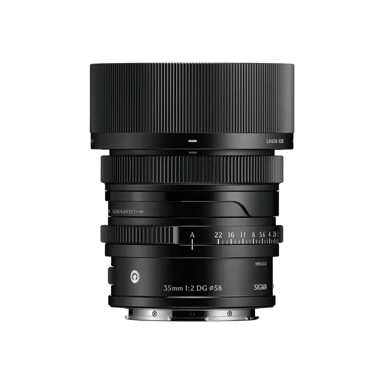 Sigma AF 35mm F/2 DG I Contemporary lens - L Mount top with lens hood