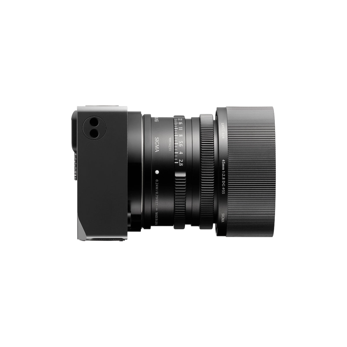 Sigma BF Camera Body Black L Mount side angle with lens on