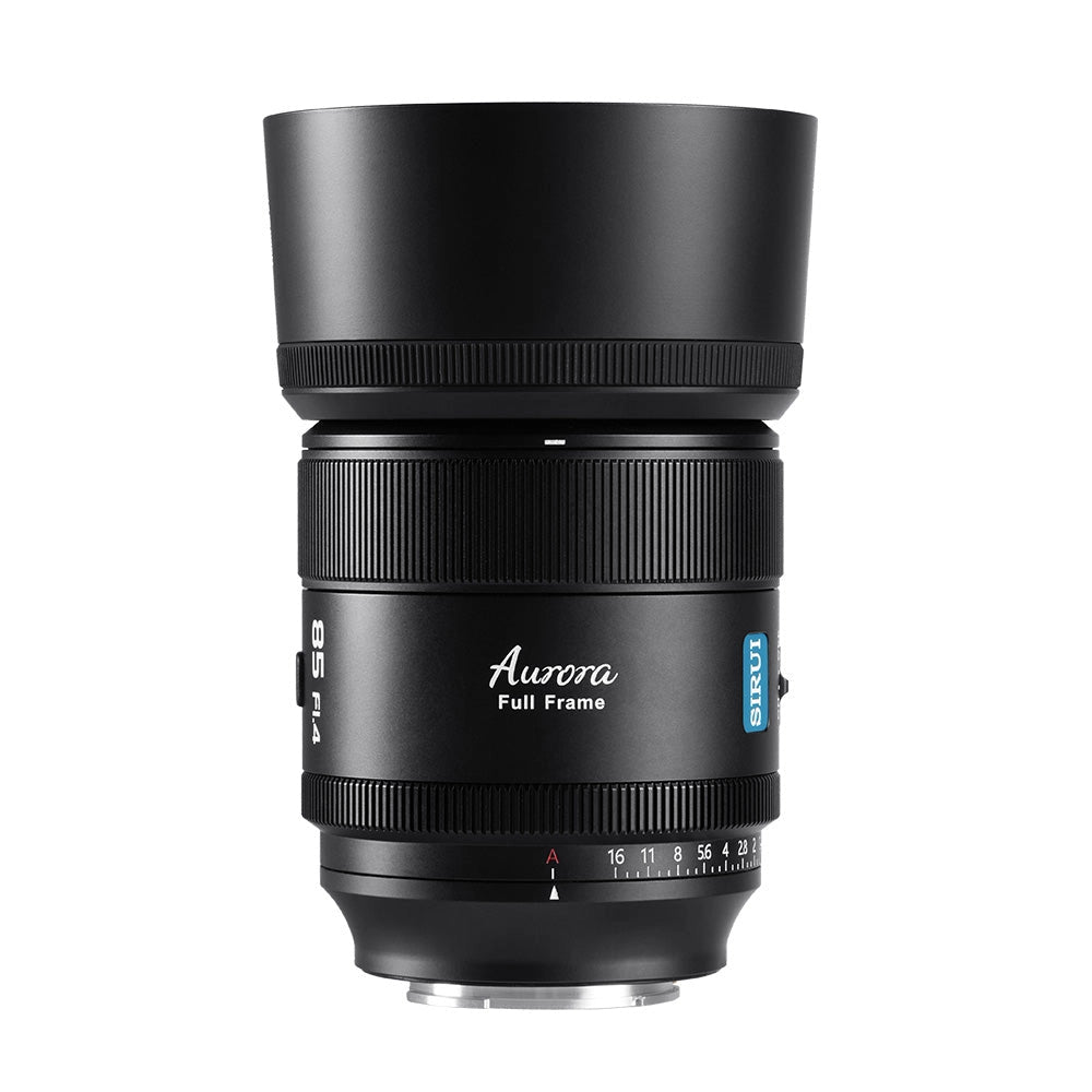 Sirui Aurora 85mm f1.4 Lens top angle with lens hood attached
