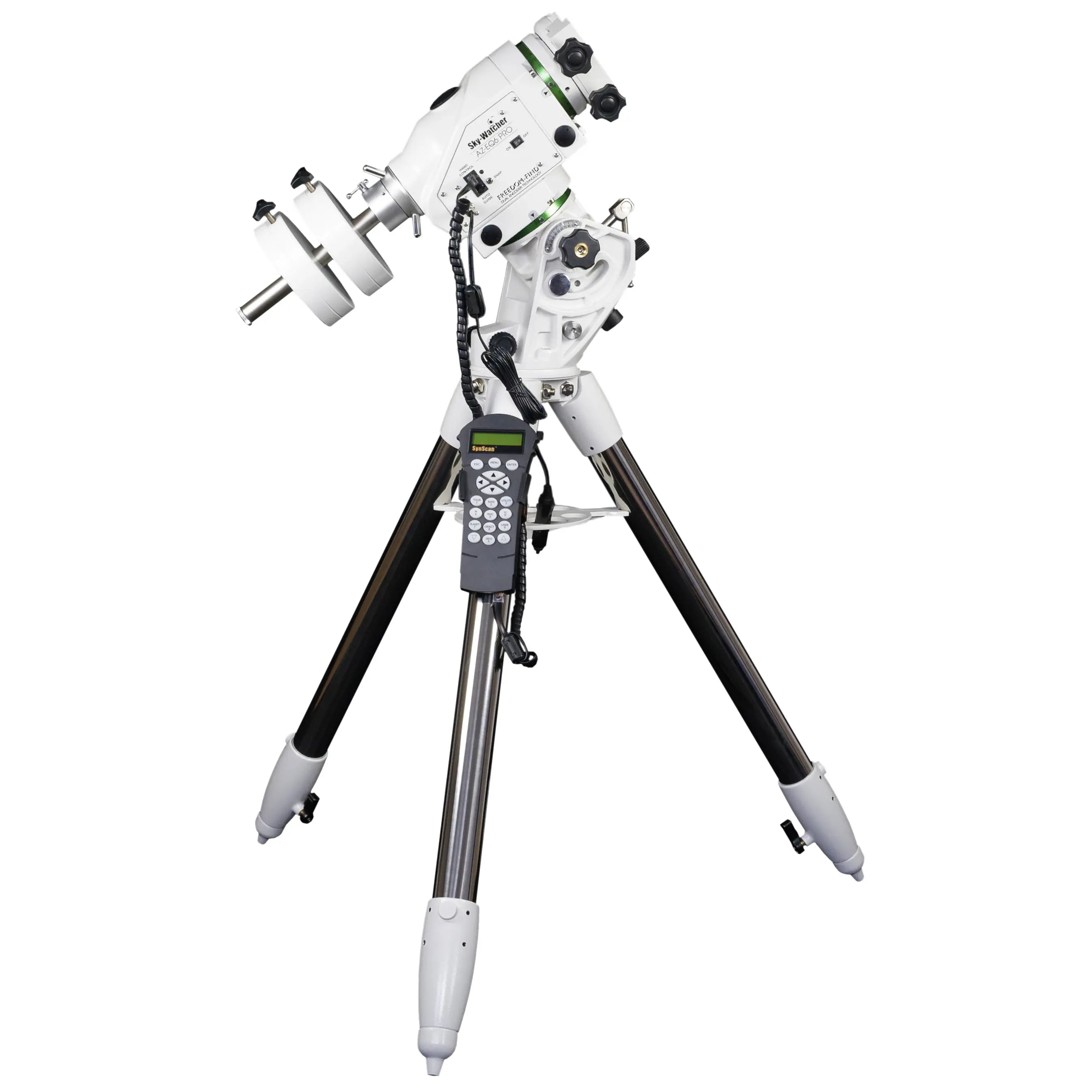 Sky-Watcher AZ-EQ6GT PRO SynScan computerised go-to mount and tripod, showing the mount on top of the tripod with stainless steel legs, electronic hand controller, and counterweights.