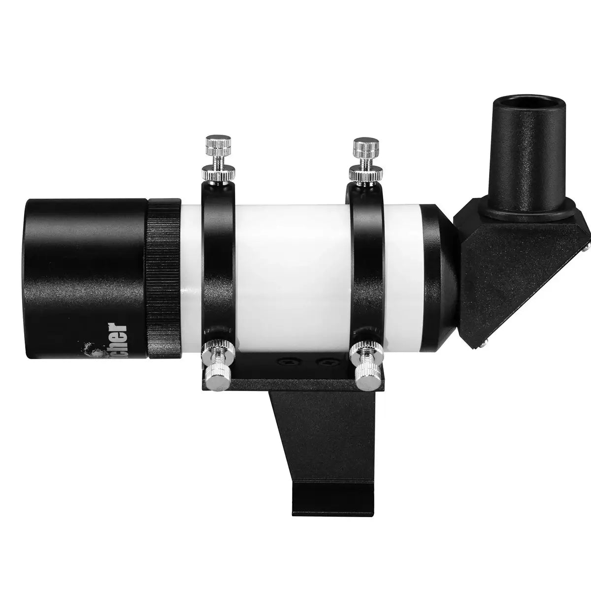 Telescope objective lens with attached eyepiece on a white background