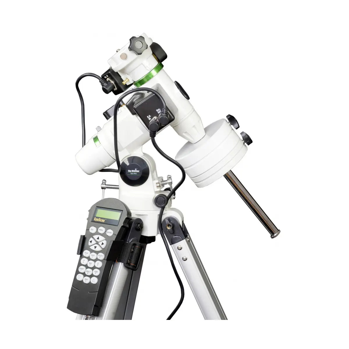 Telescope with computerized mount and remote control on a white background