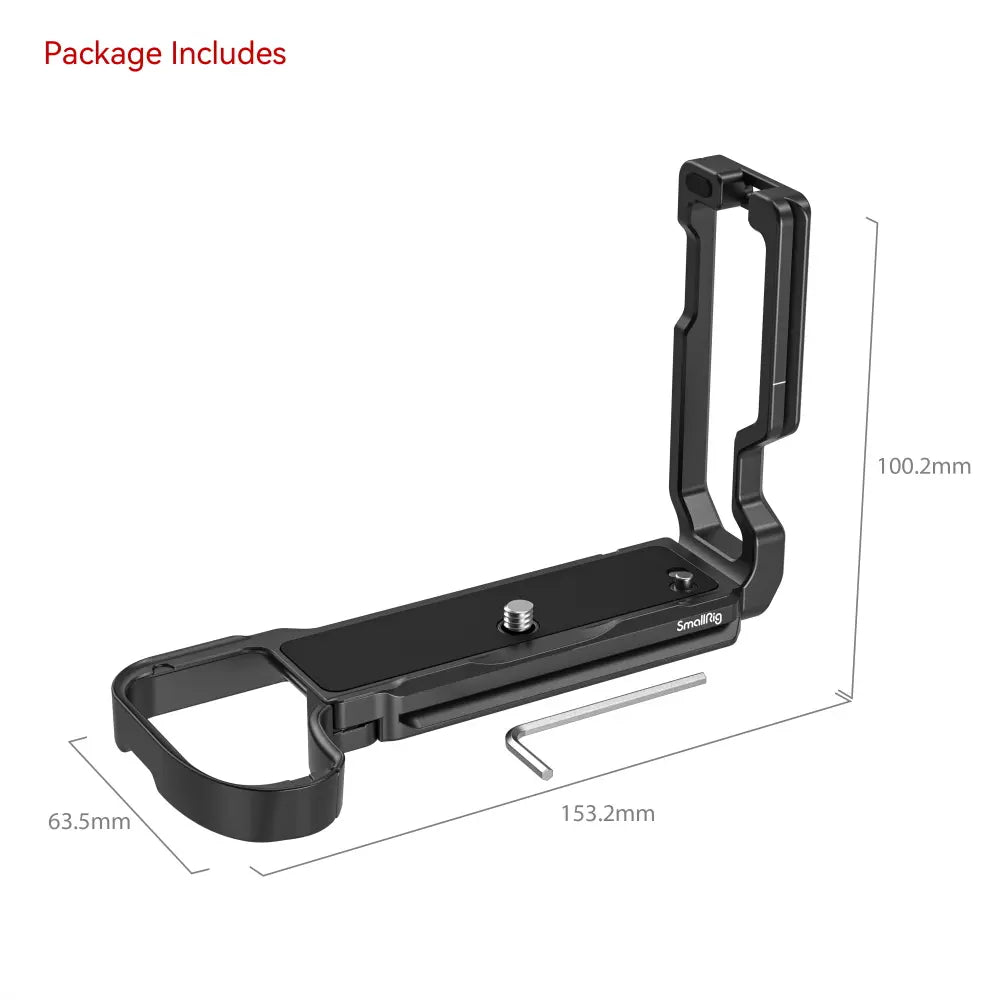Black camera accessory with dimensions on a white background