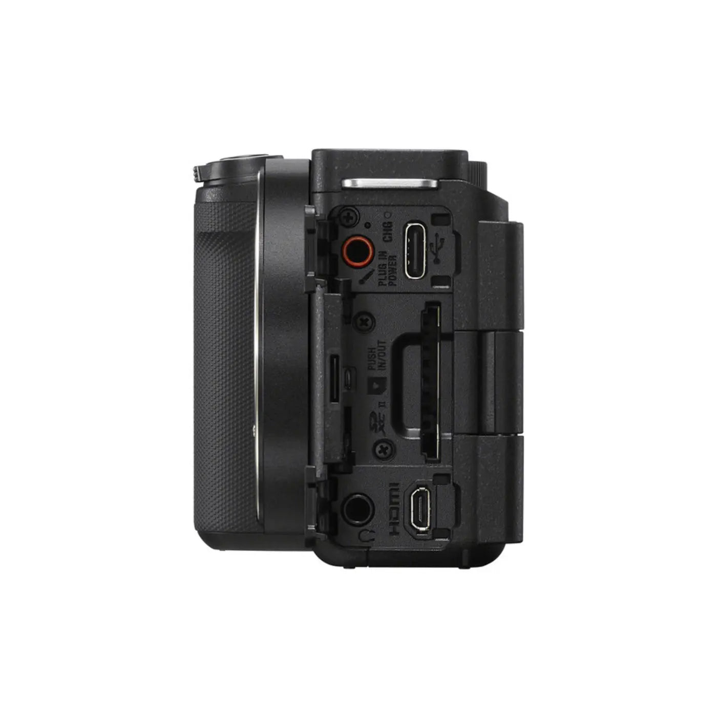 Sony Alpha ZV-E10 II Body Only Black side with media ports open