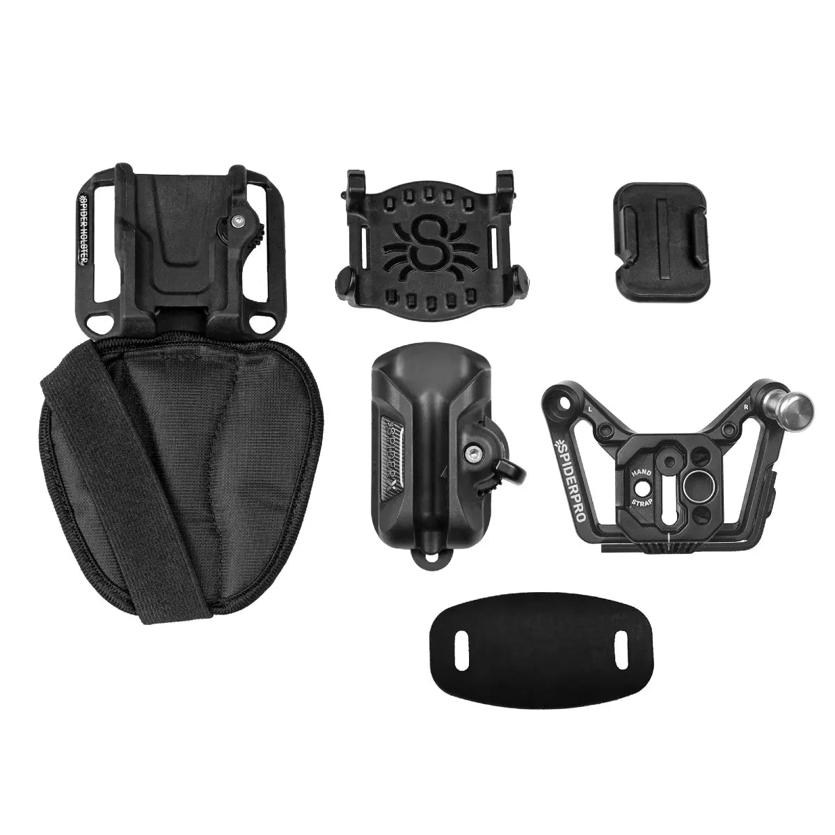 Set of black tactical components including a holster and various attachments on a white background