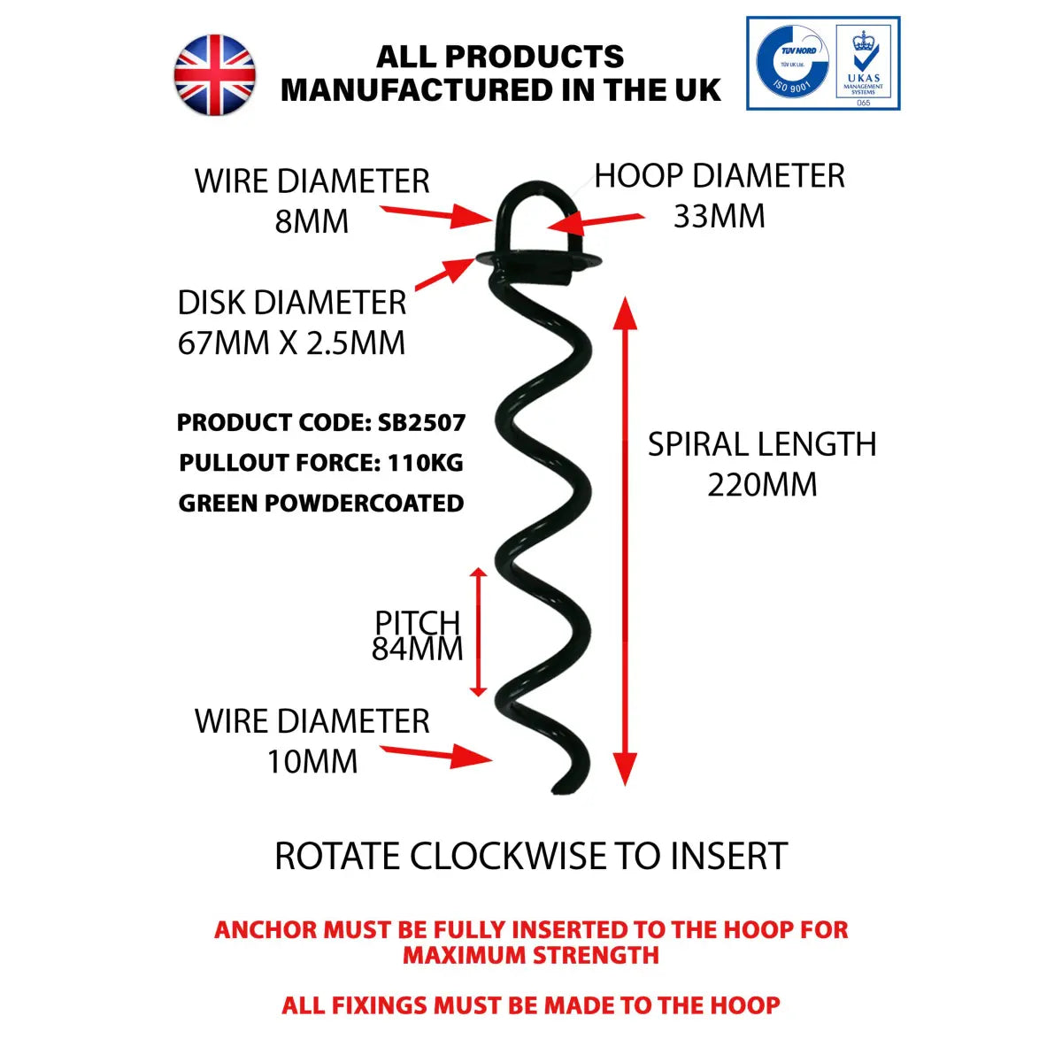 Technical diagram of a spiral anchor with specifications and instructions on a white background.