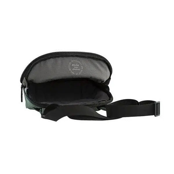 Black waist bag with a strap on a white background