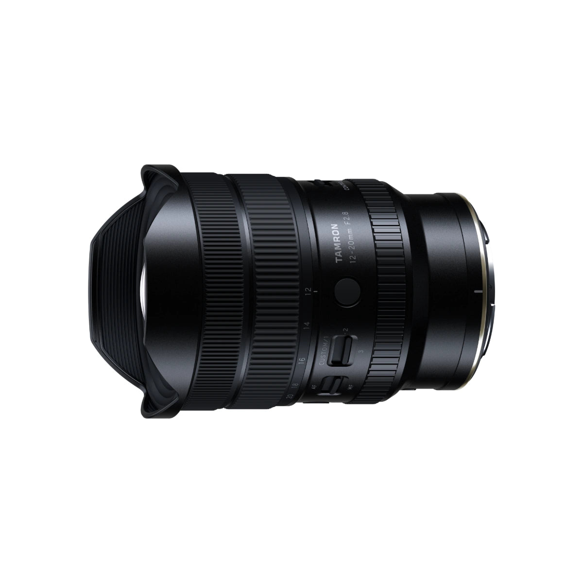 A black Tamron telephoto lens with a petal-shaped lens hood, shown from a side profile on a solid white background.