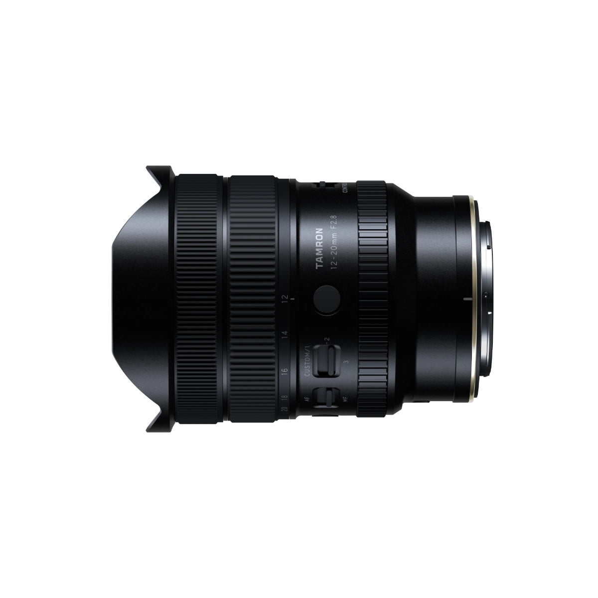 A black Tamron IS lens with a petal-shaped lens hood, shown from a side profile on a solid white background.
