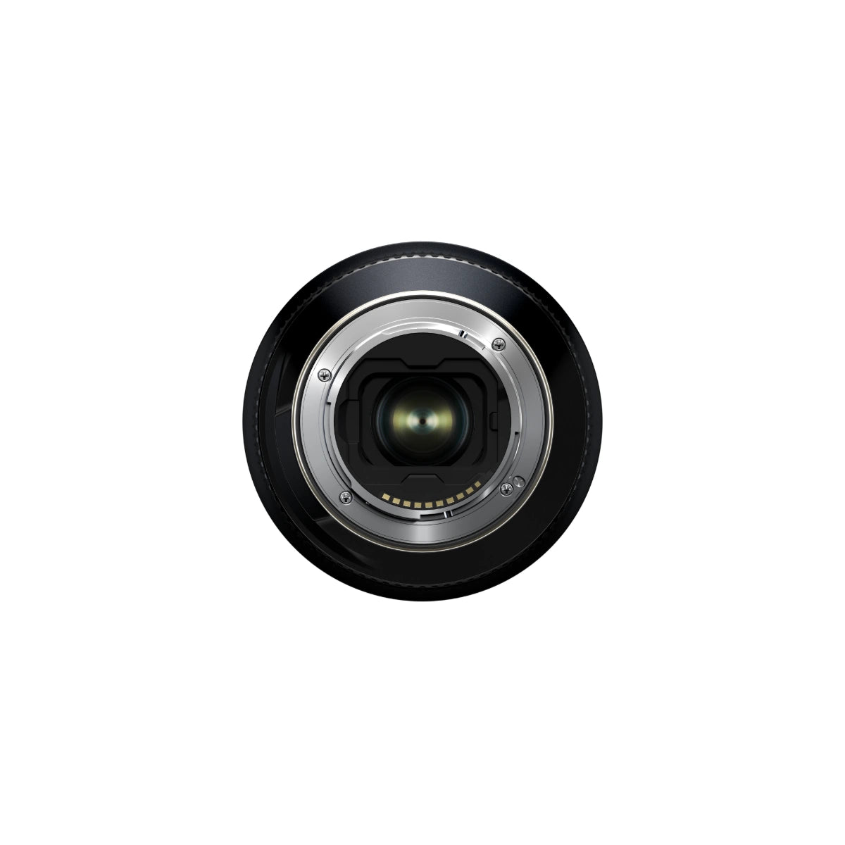 A close-up top-down view of a camera lens with a black outer barrel, silver metal mount ring, and clear glass lens element in the center, isolated on a white background.