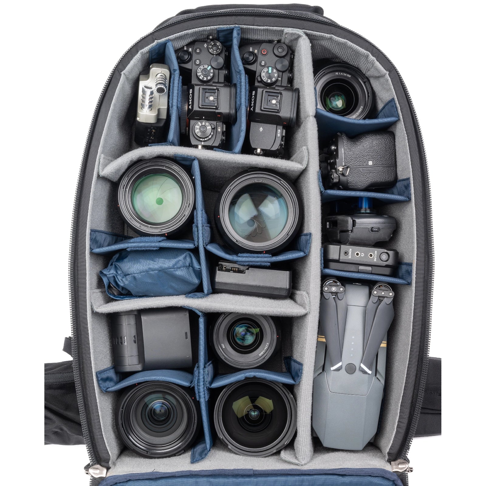 Think Tank FirstLight 46L+ inside view with camera and drone equipment inside bag