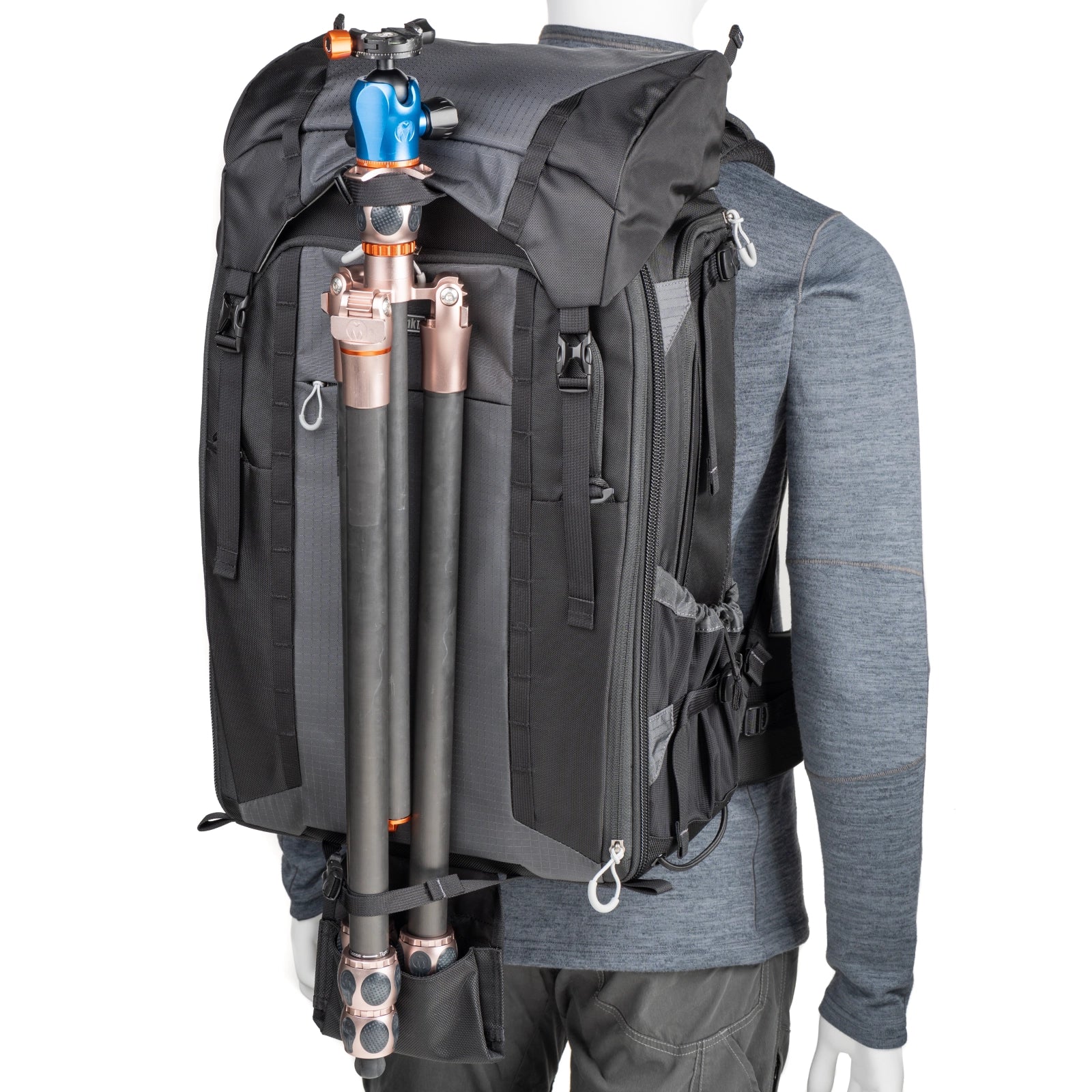 Think Tank FirstLight 46L+ backa gnle with tripod installed in tripod pocket