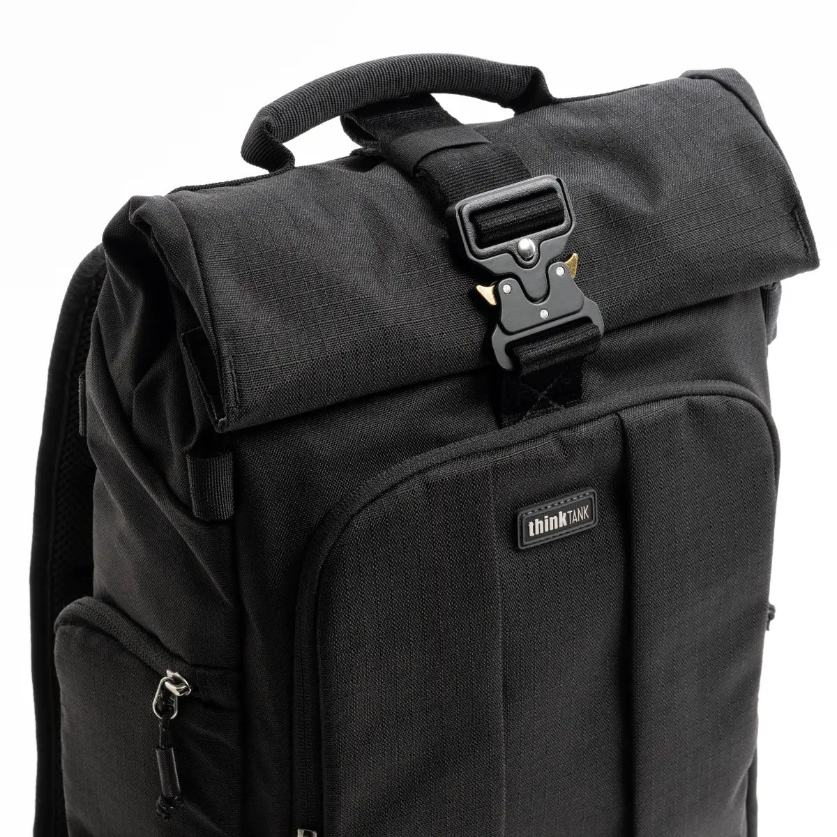 Black backpack with a visible brand logo on a white background