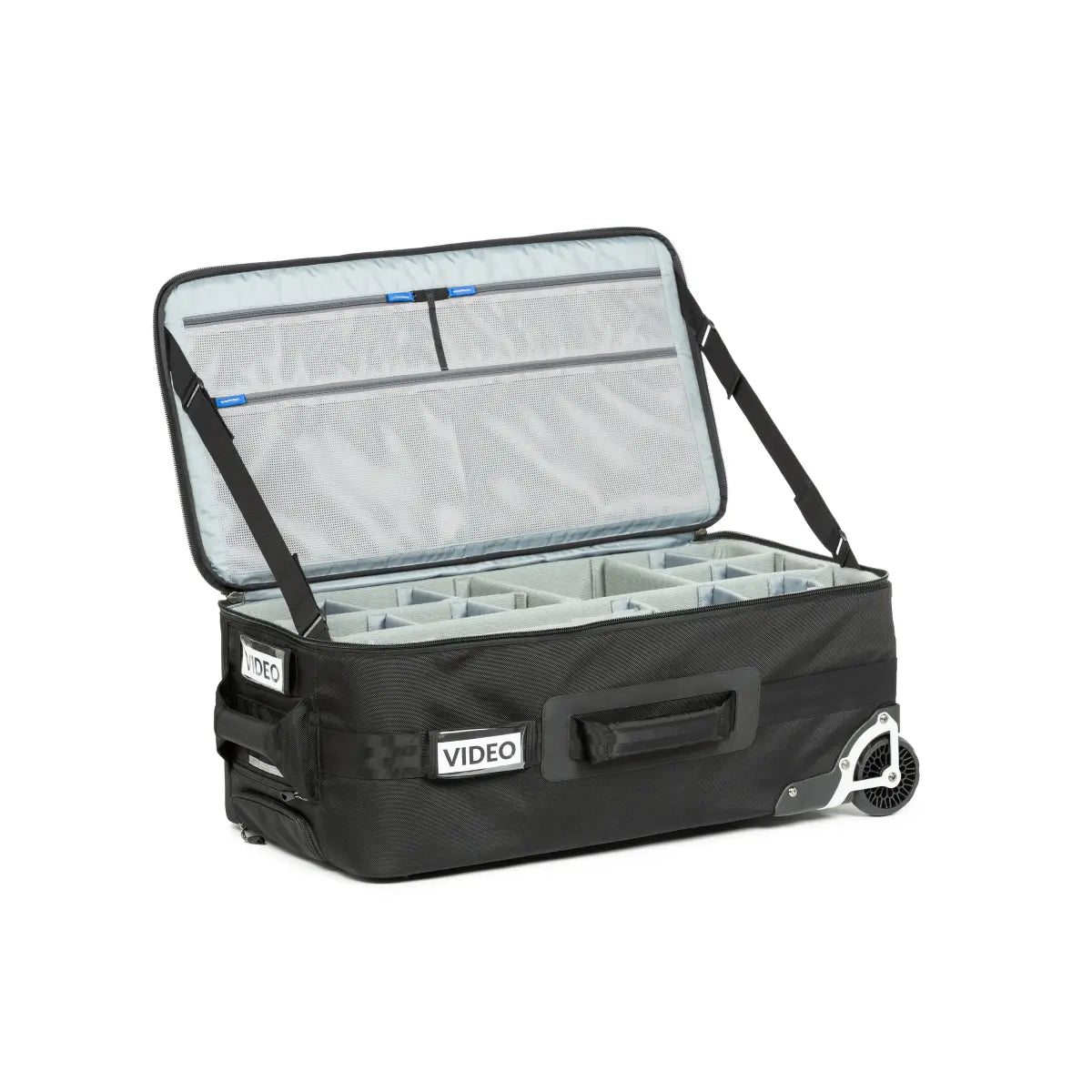 Black travel bag with open lid on a white background