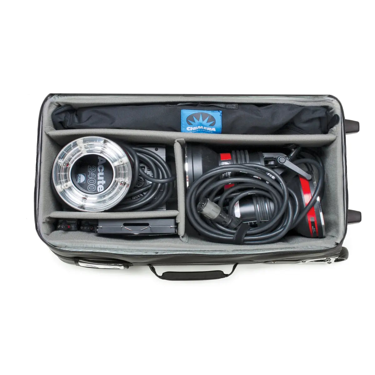 Gray suitcase with camera equipment inside on a white background
