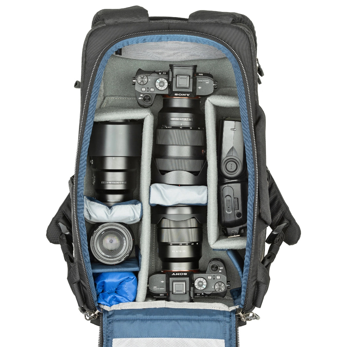 Think Tank Photo BackStory 15 inside view with various camera equipment inside 2