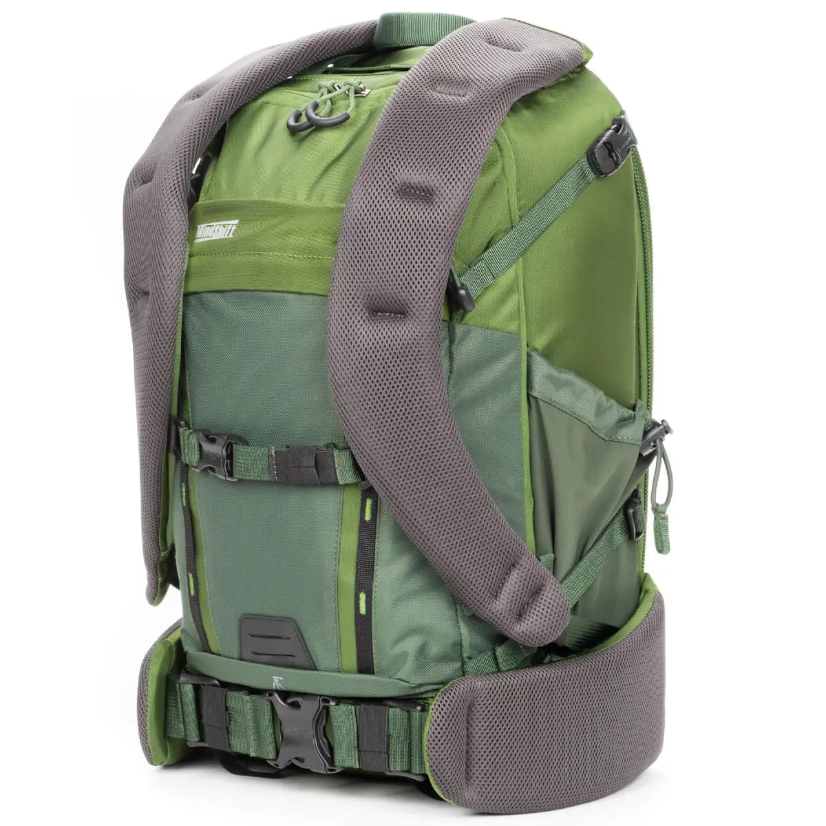 Green and gray backpack on a white background