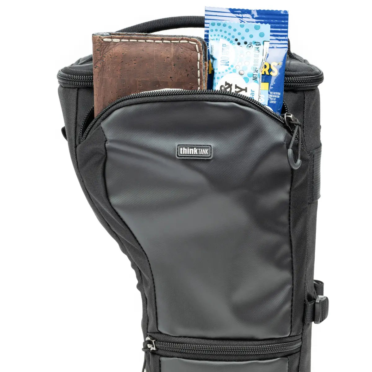 Black backpack with a visible brand logo on a white background