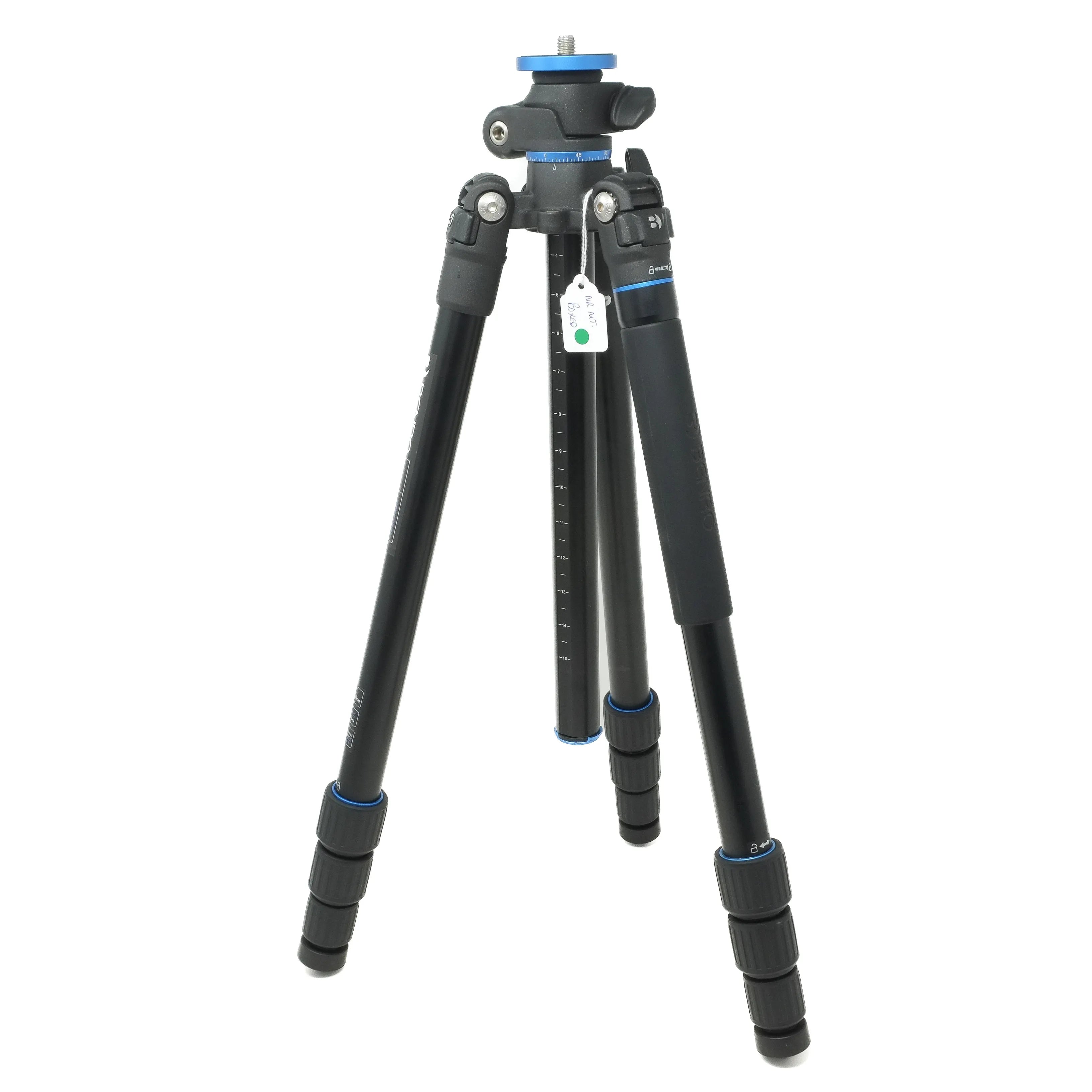 Black tripod with adjustable legs on a white background