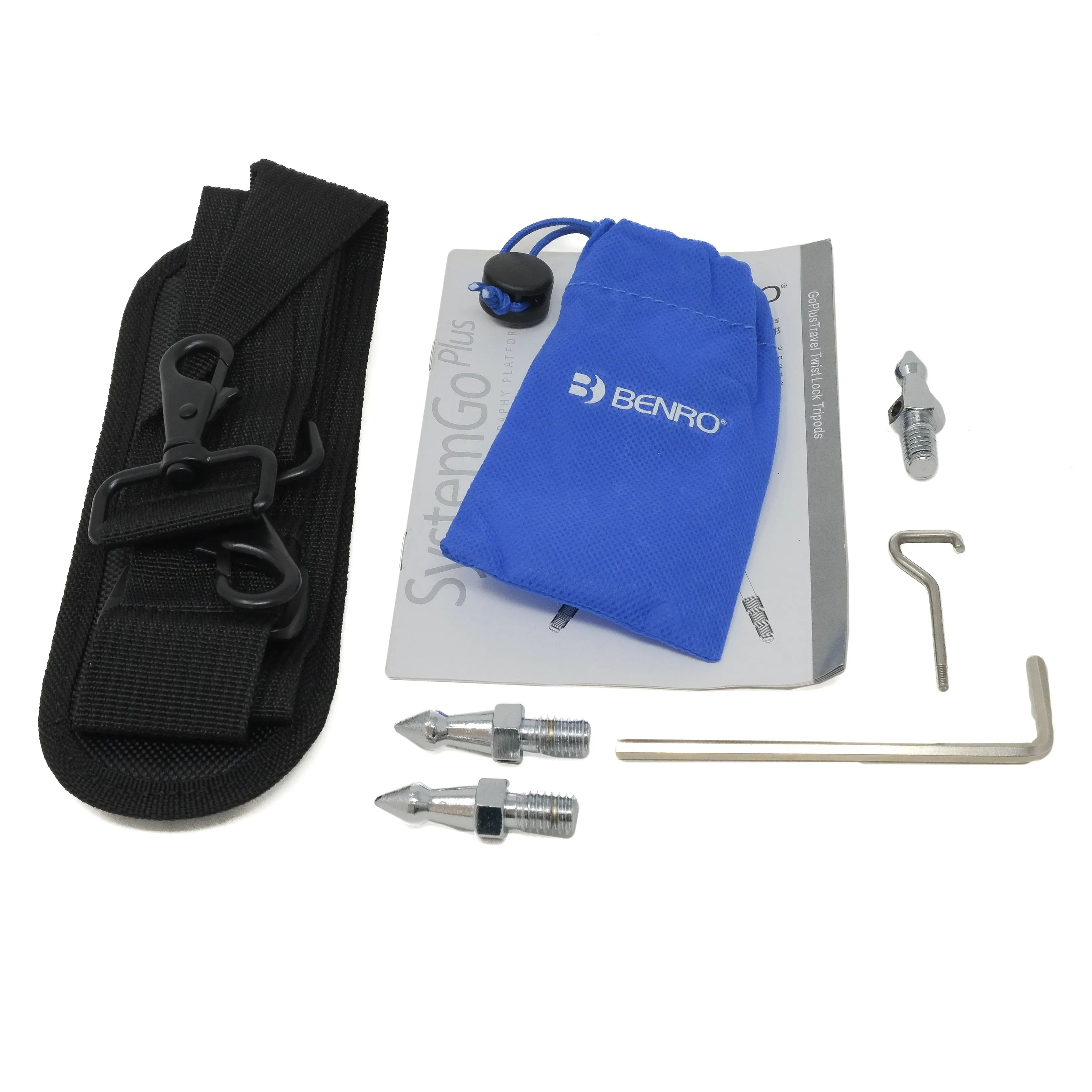 Camera lens accessories including a black strap, blue pouch, and metal components on a white background.