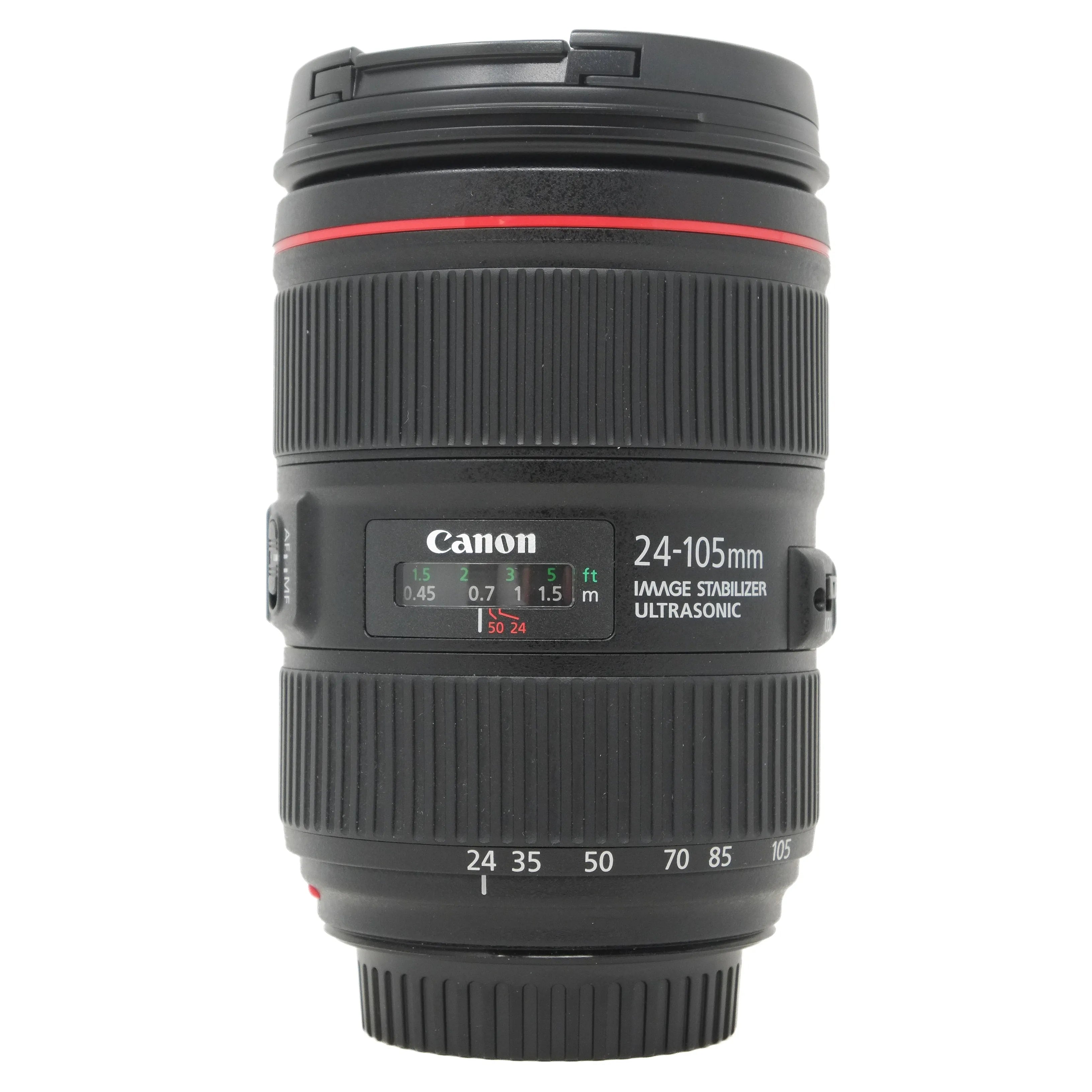 Canon camera lens with focus scale and brand logo on a white background