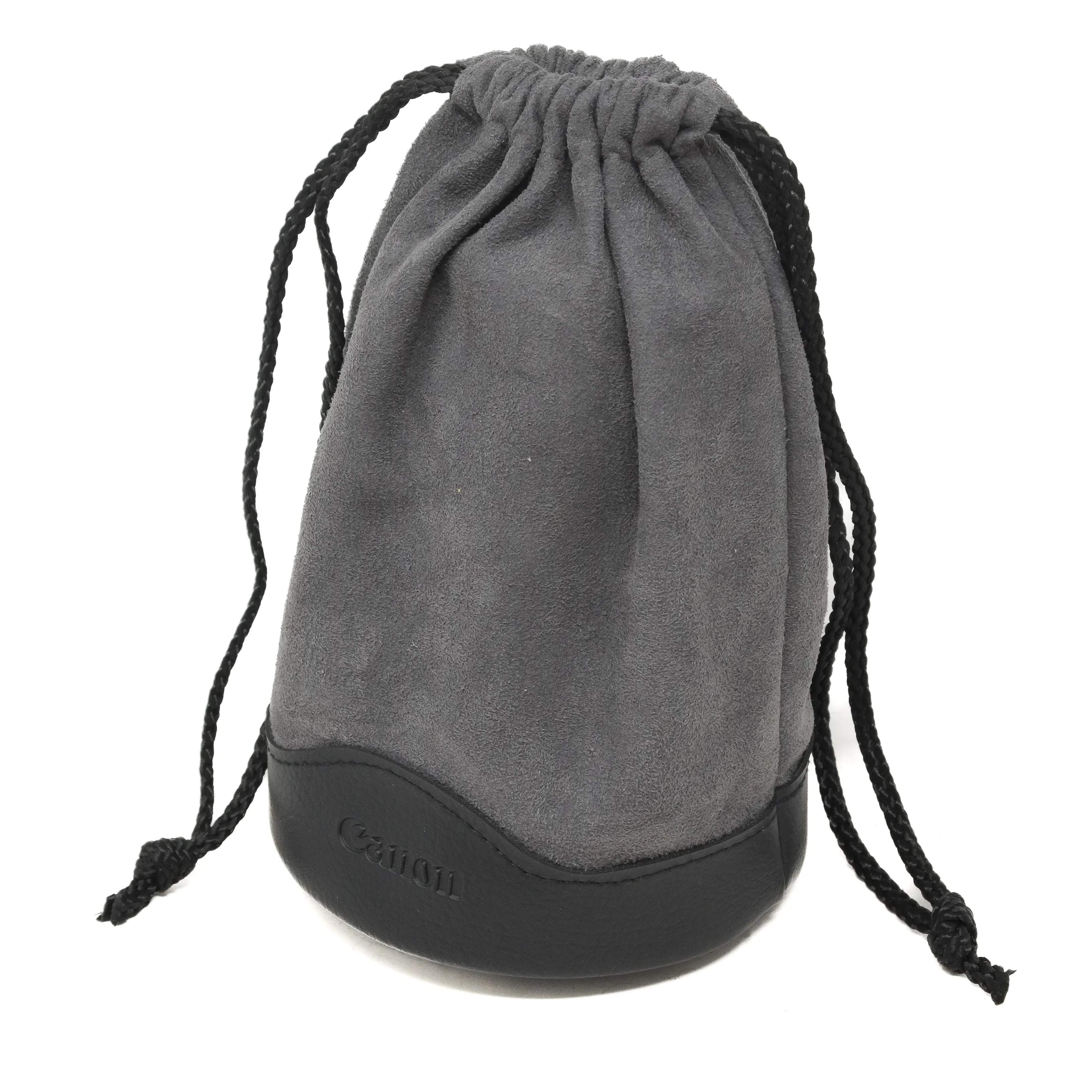Gray drawstring pouch with black Canon logo on a white background