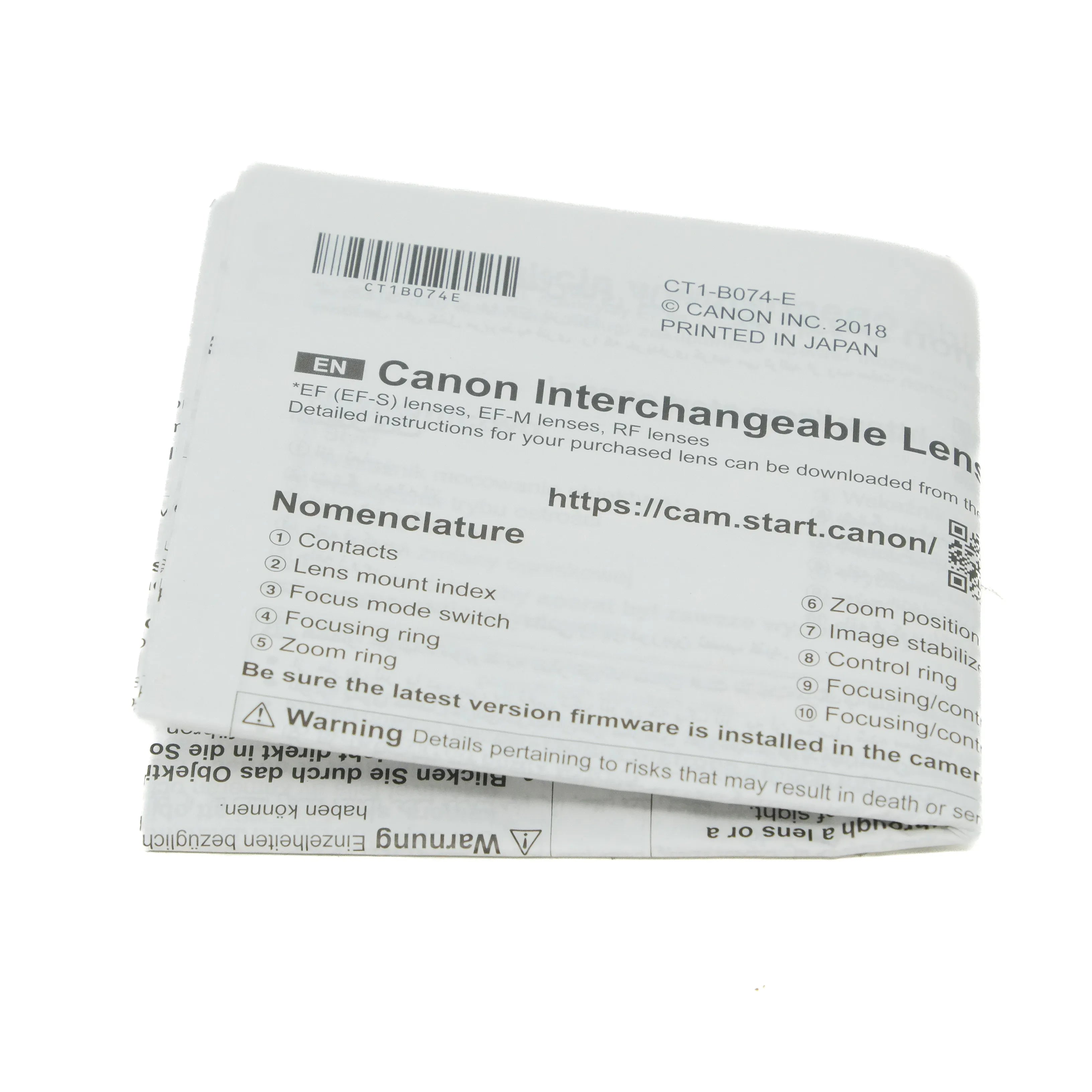 Canon interchangeable lens packaging on a white background