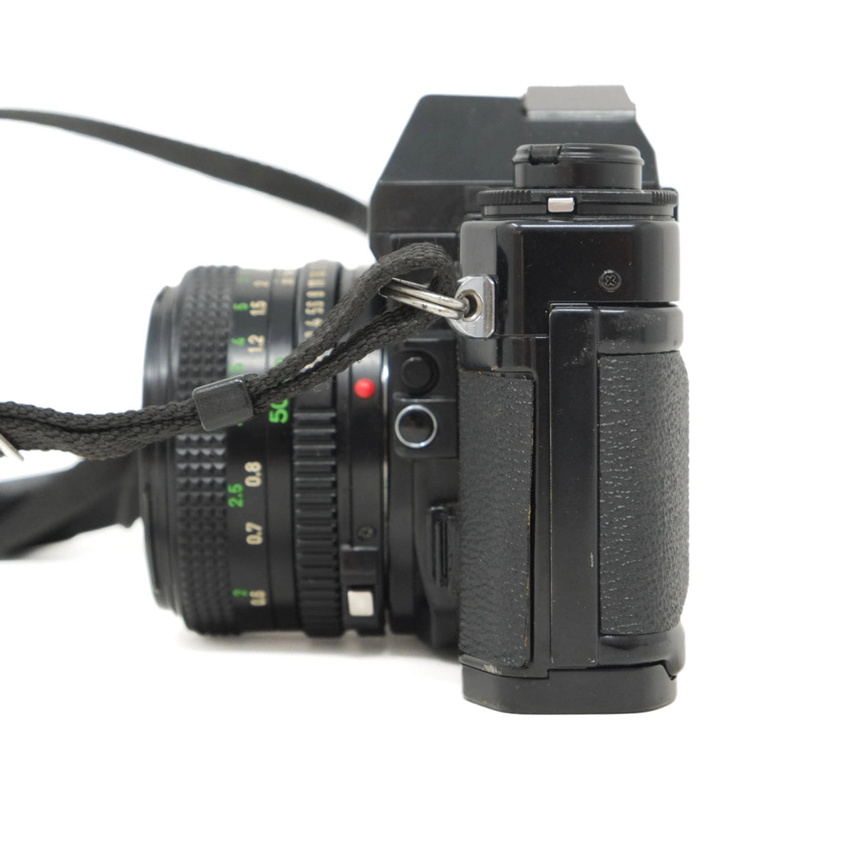 Used Canon A-1 Classic film camera with 50mm f1.8 and instructions - side angle