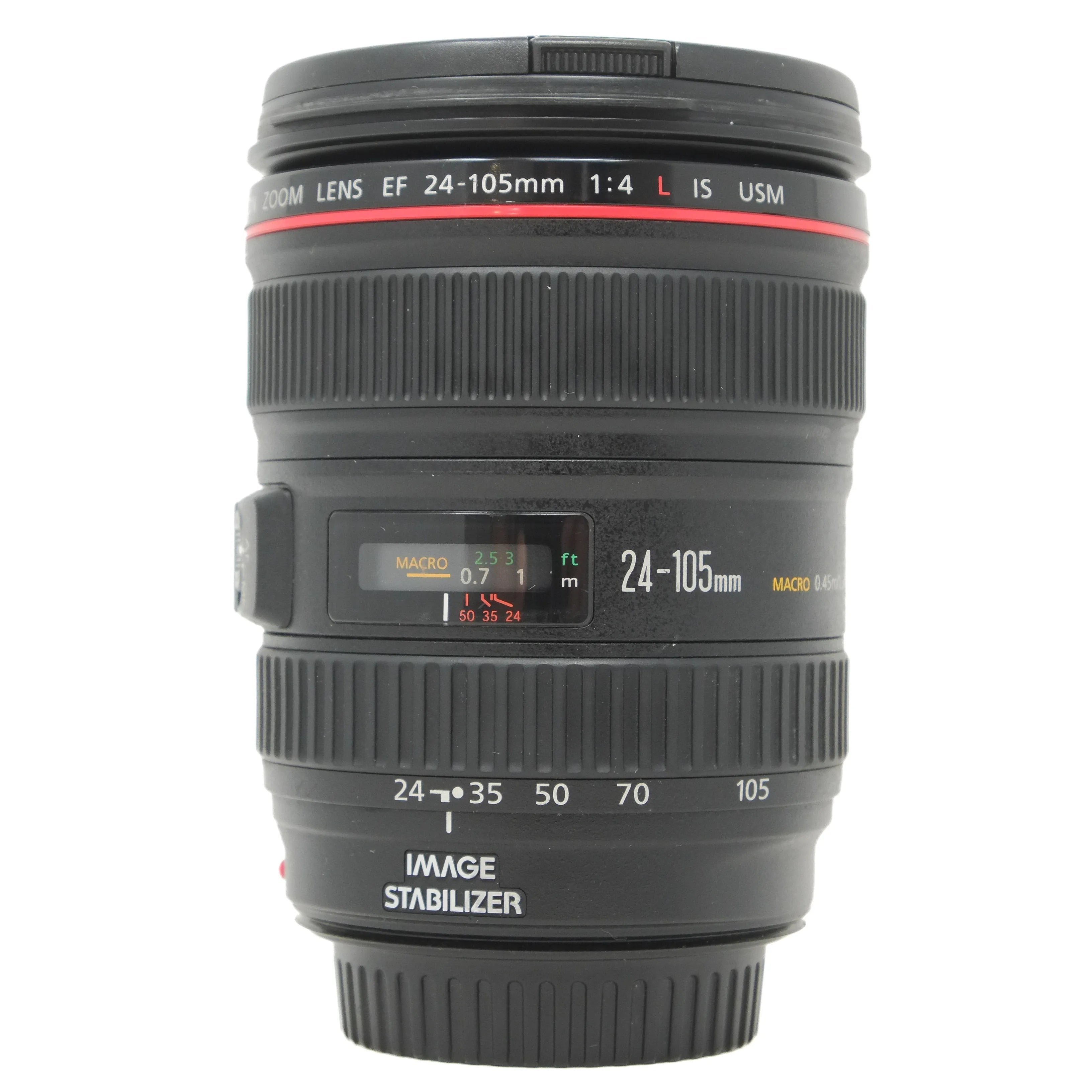 Canon camera lens with specifications on a white background