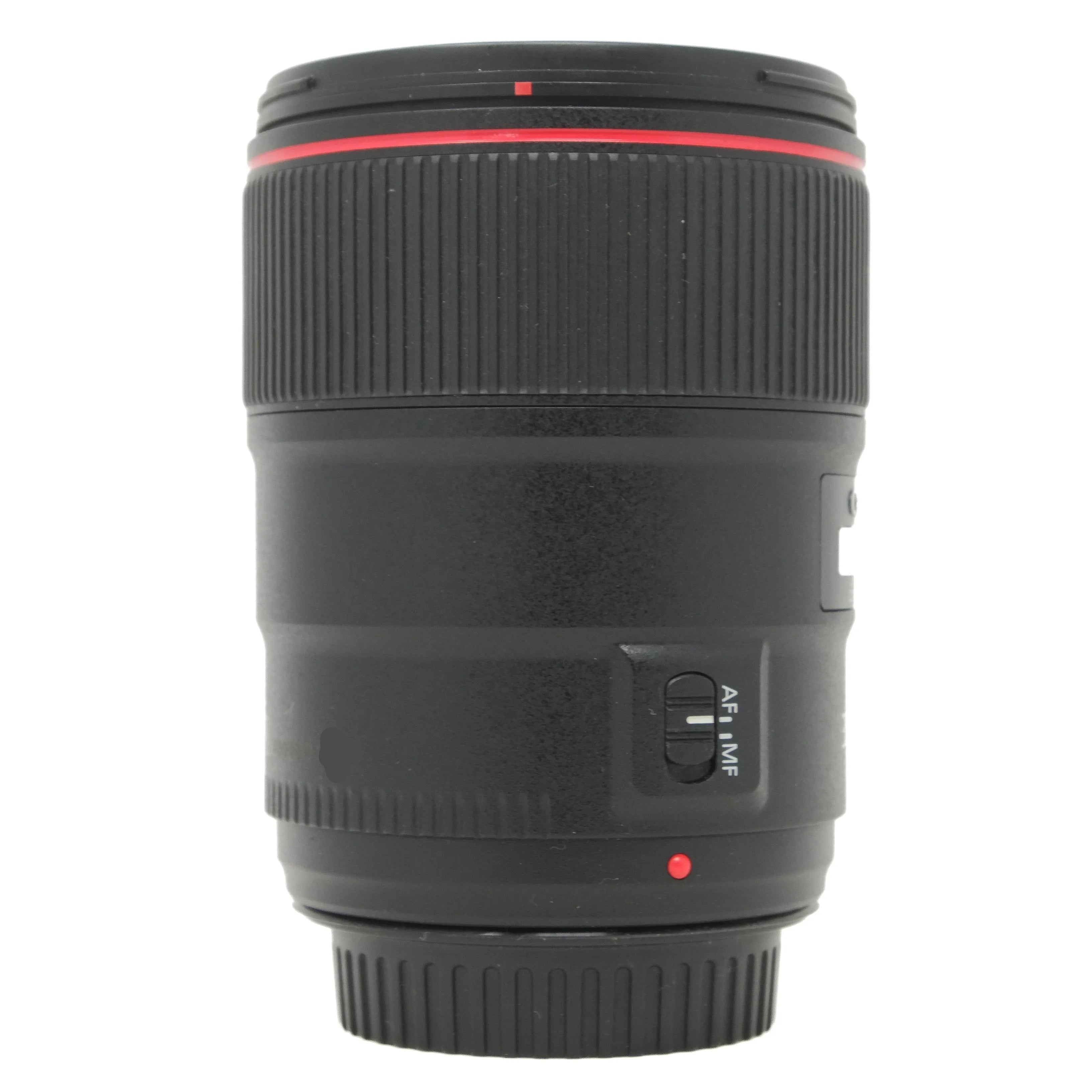 Camera lens with black and red design on a white background