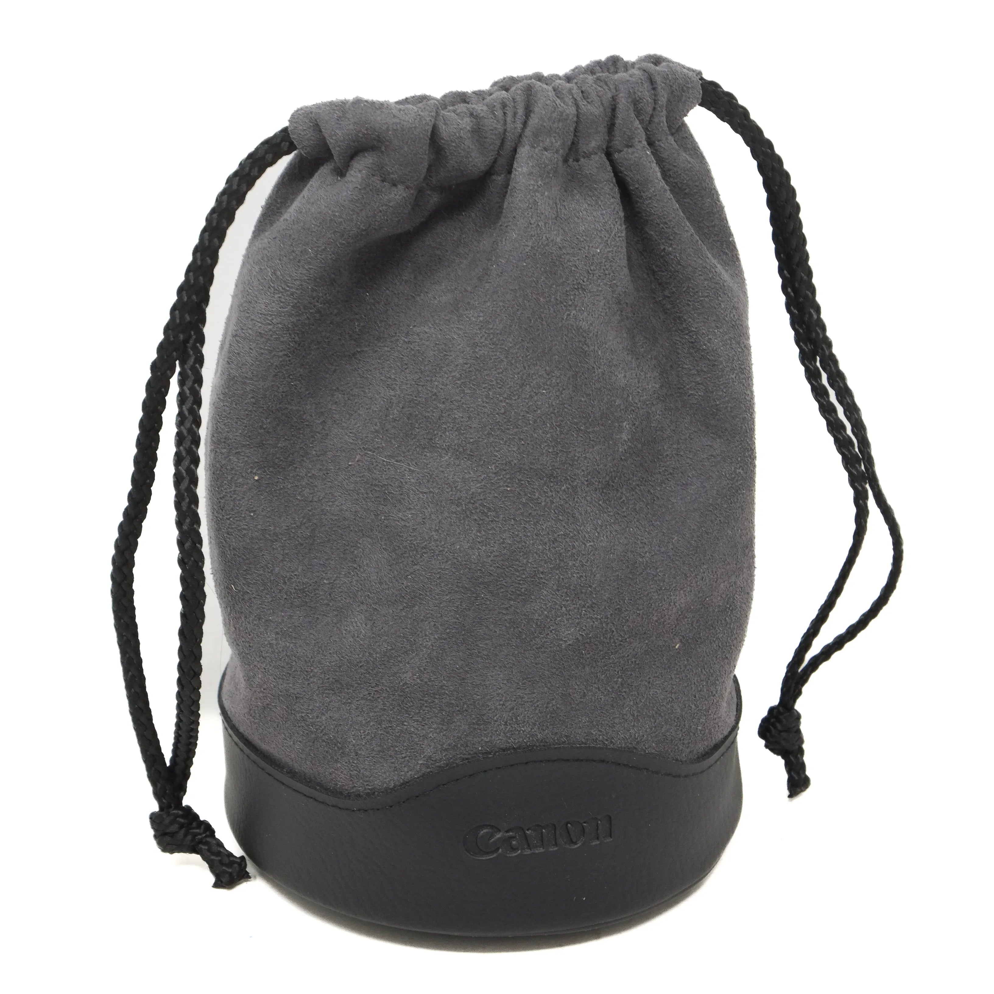 Gray drawstring pouch with black Canon logo on a white background