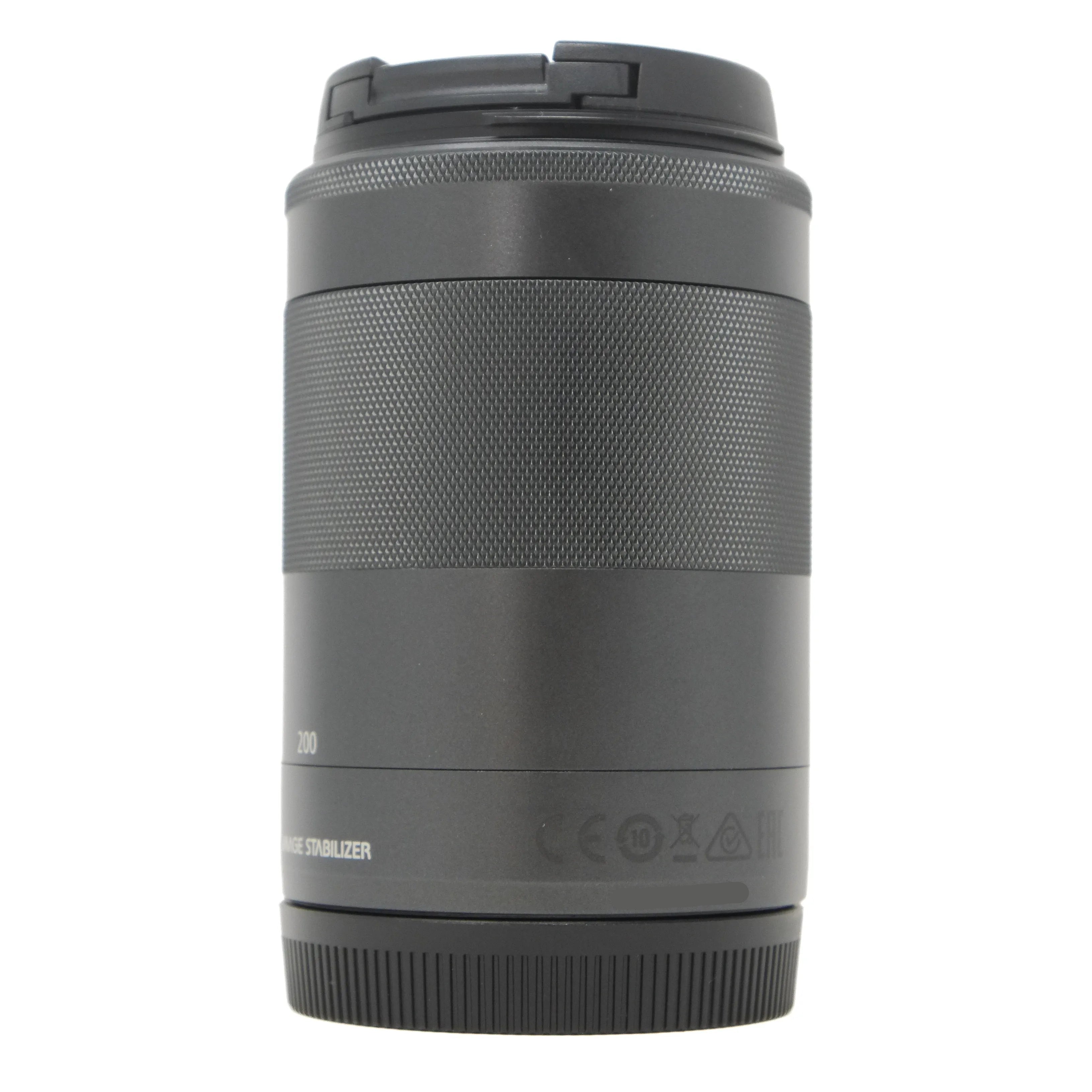 Black camera lens on a white background