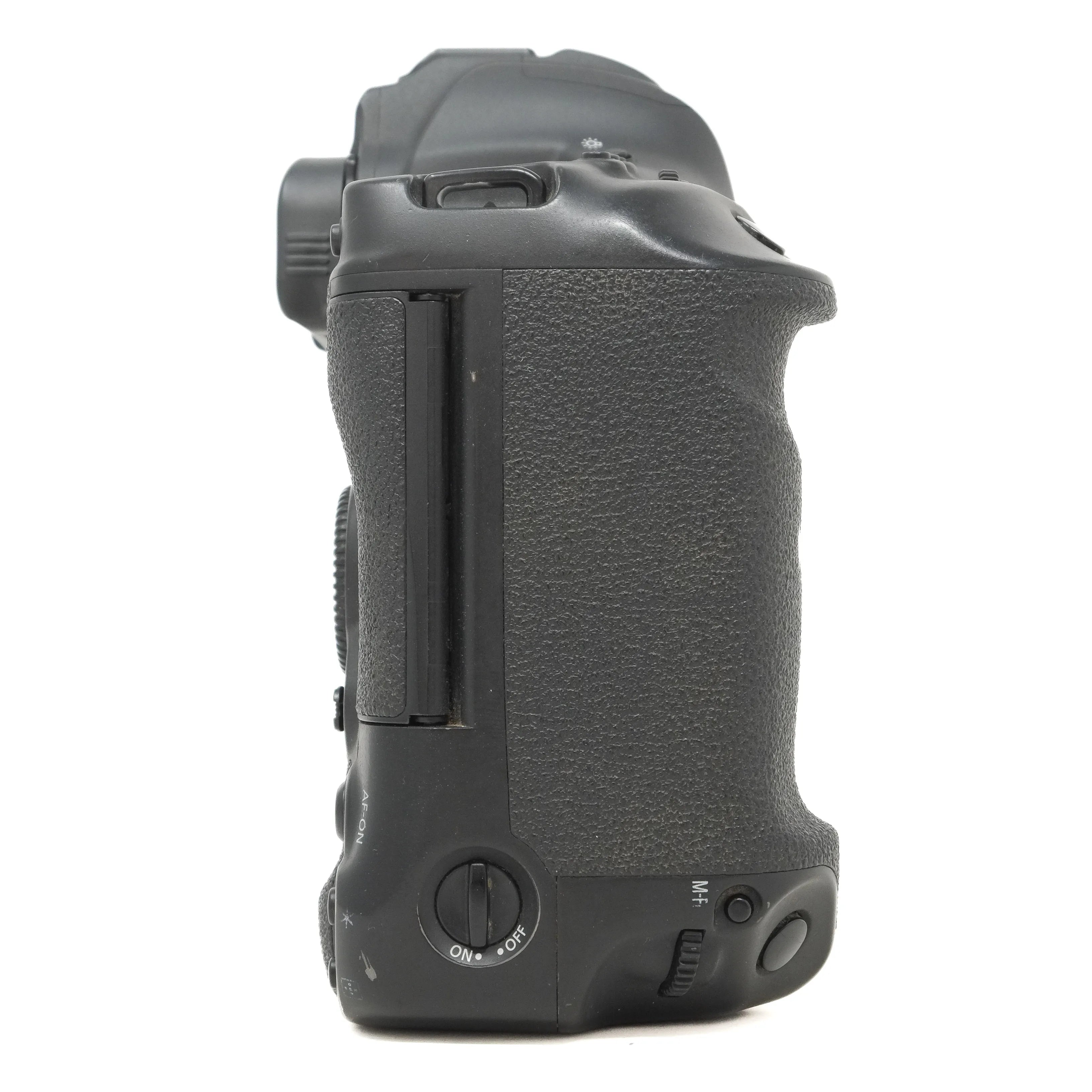 Black camera body on a white background