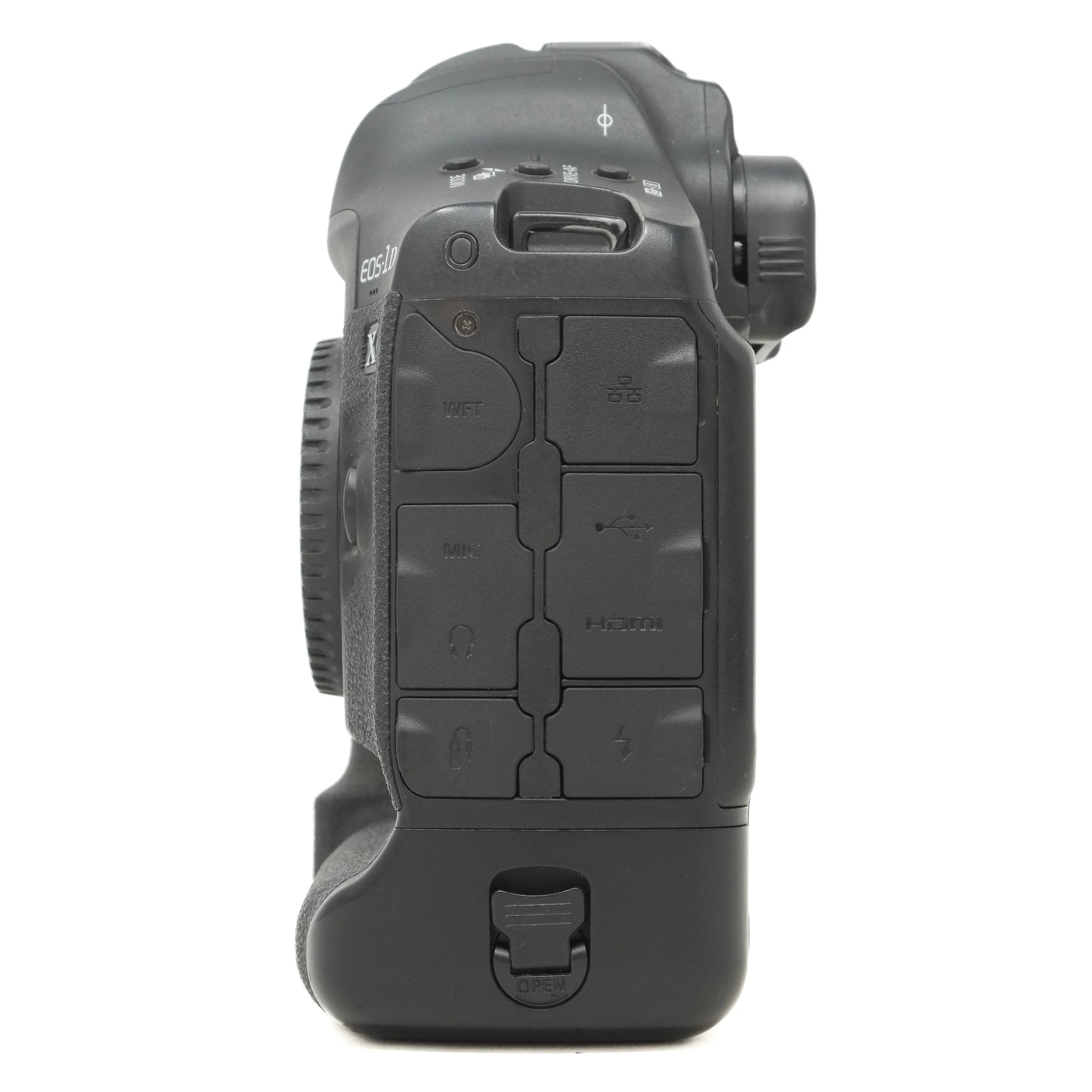 Side view of a black camera on a white background