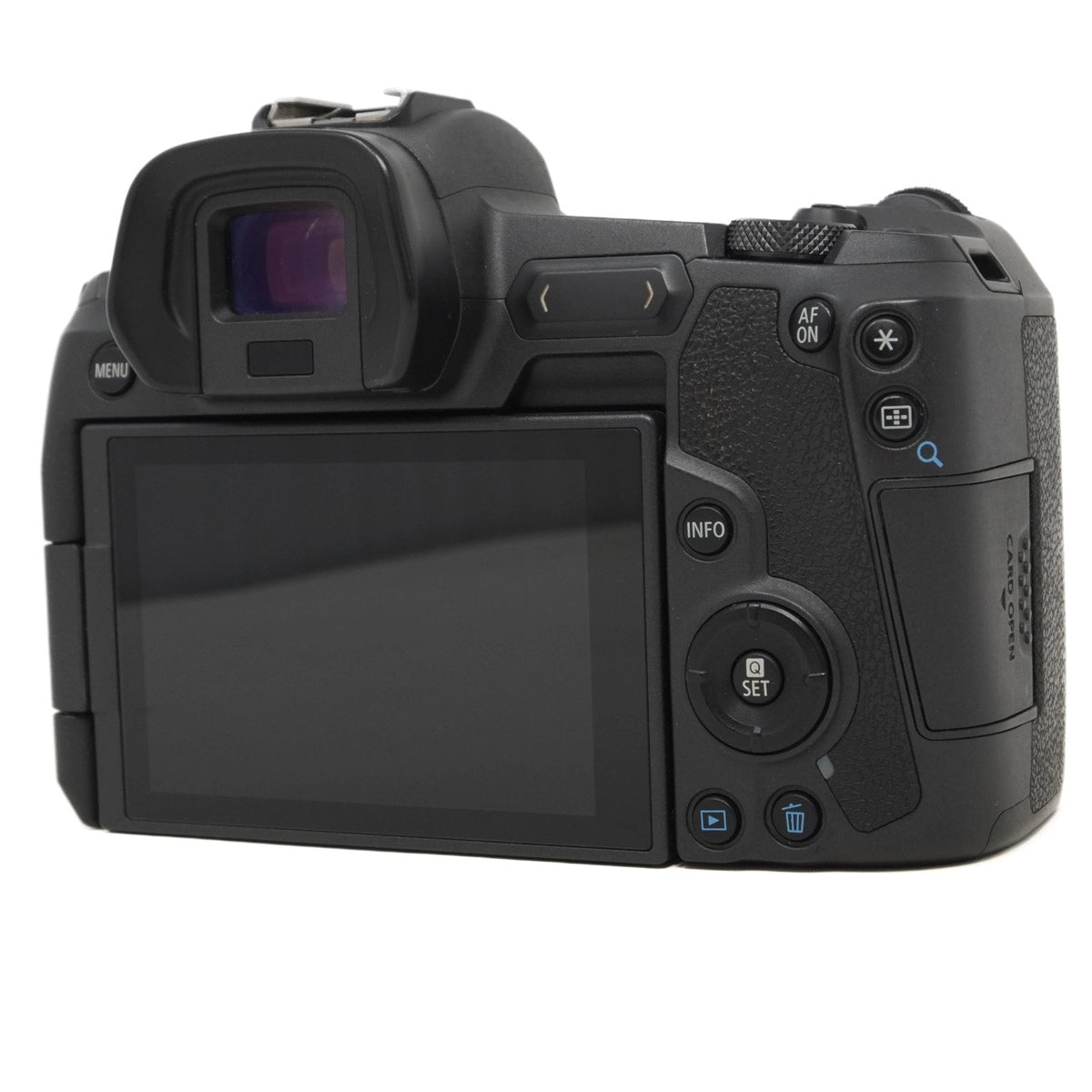 Back view of a black camera on a white background