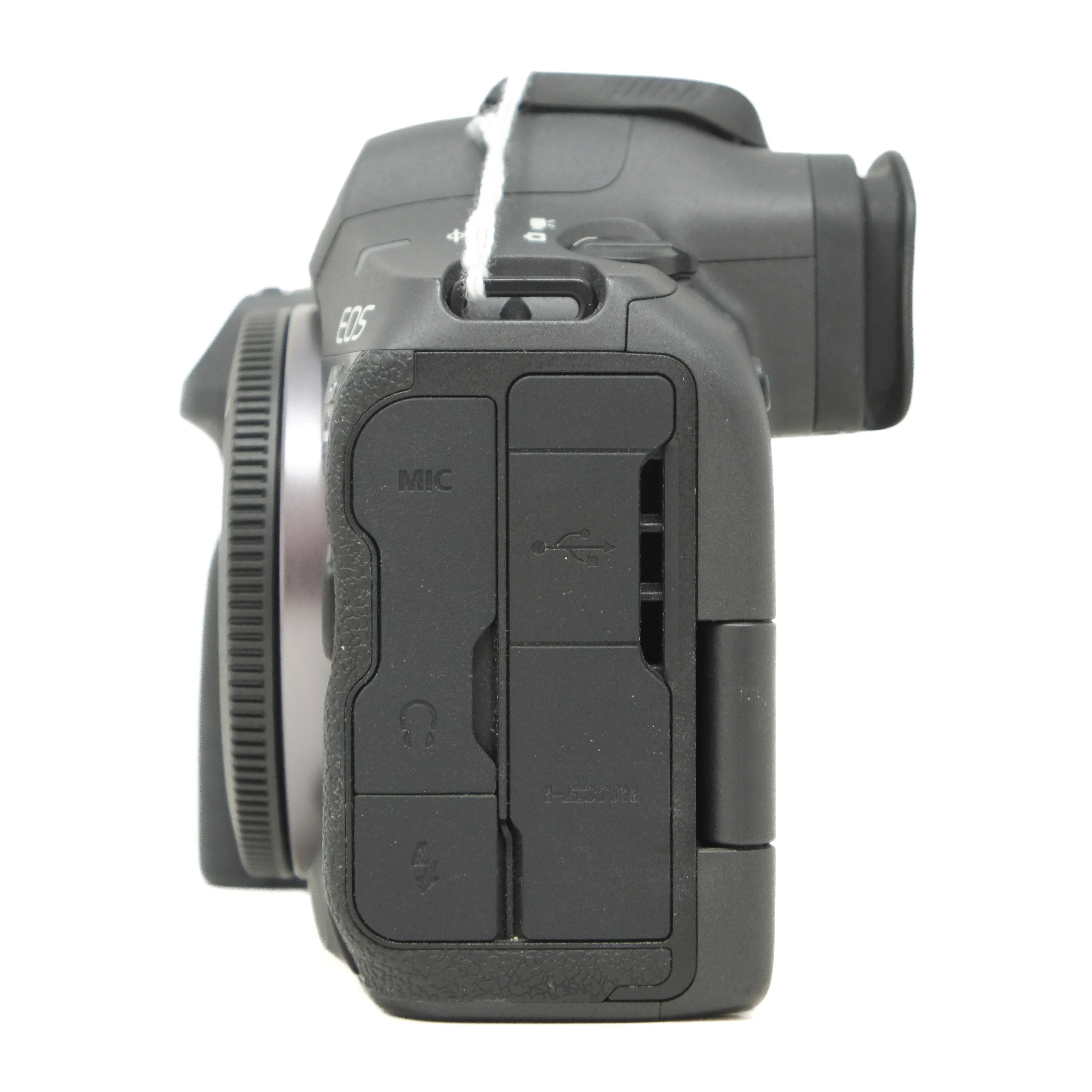 Side view of a black camera on a white background