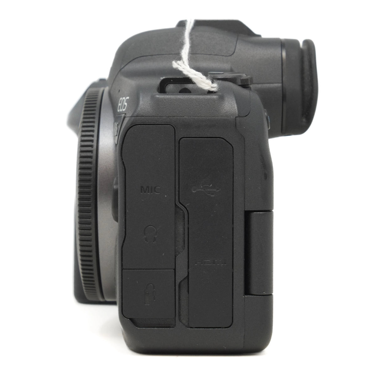 Side view of a black camera on a white background
