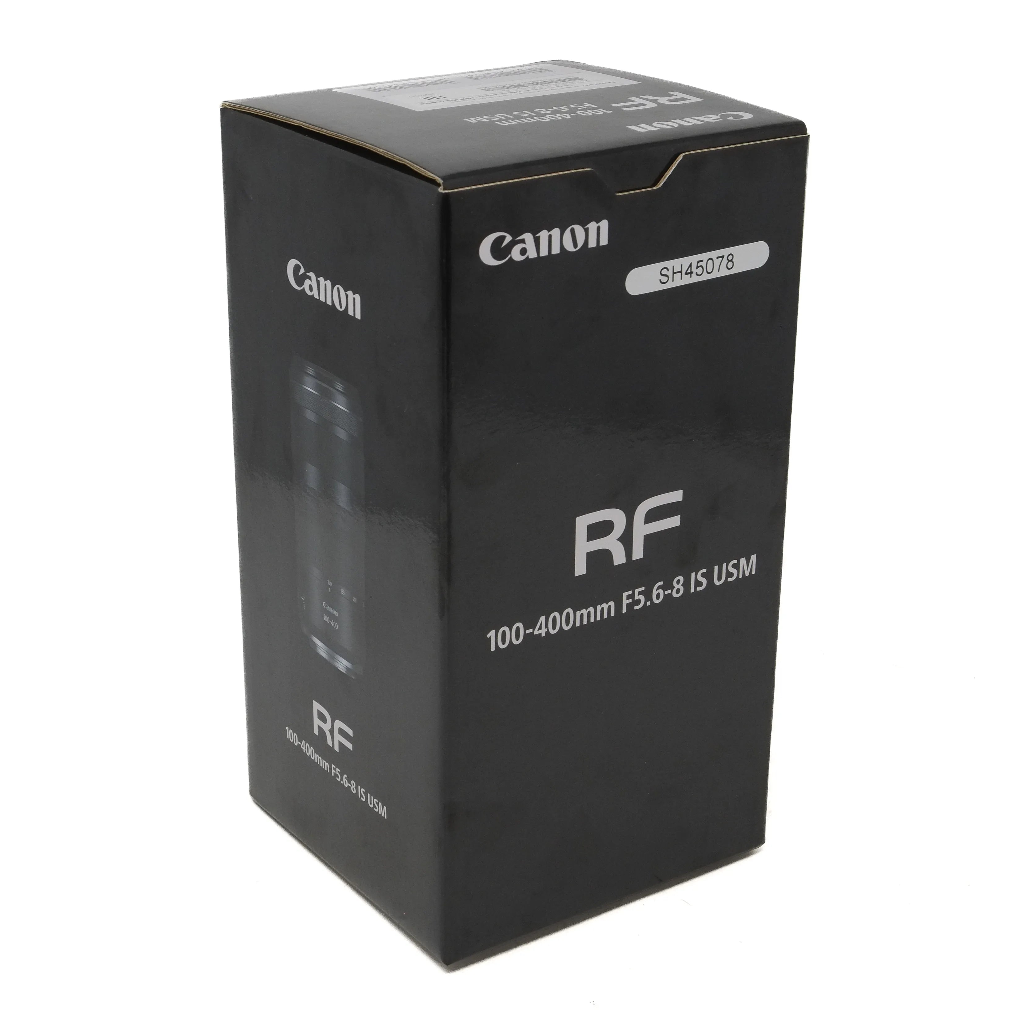 Canon RF 100-400mm lens packaging box on a white background