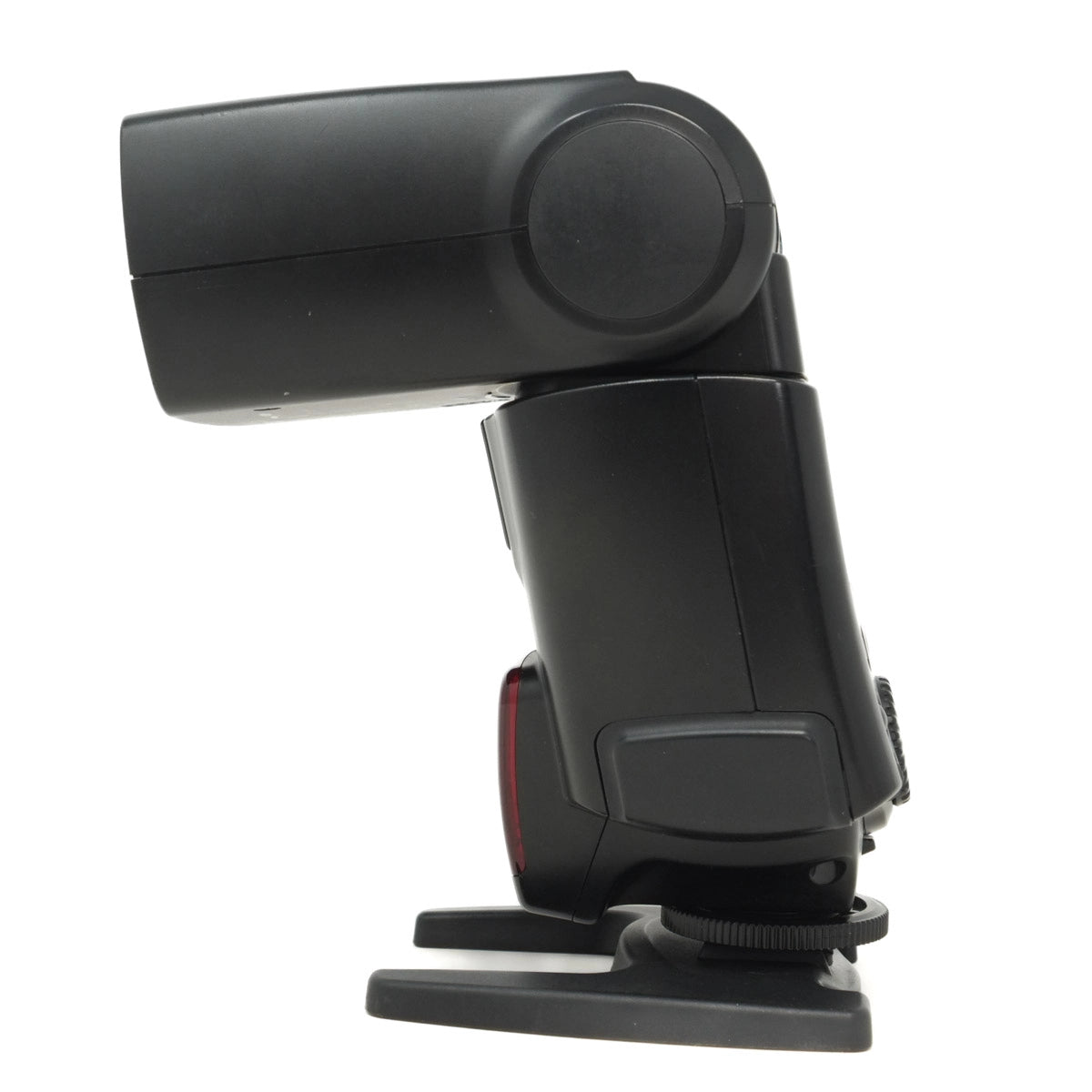 Black camera flash with rotating head on a white background