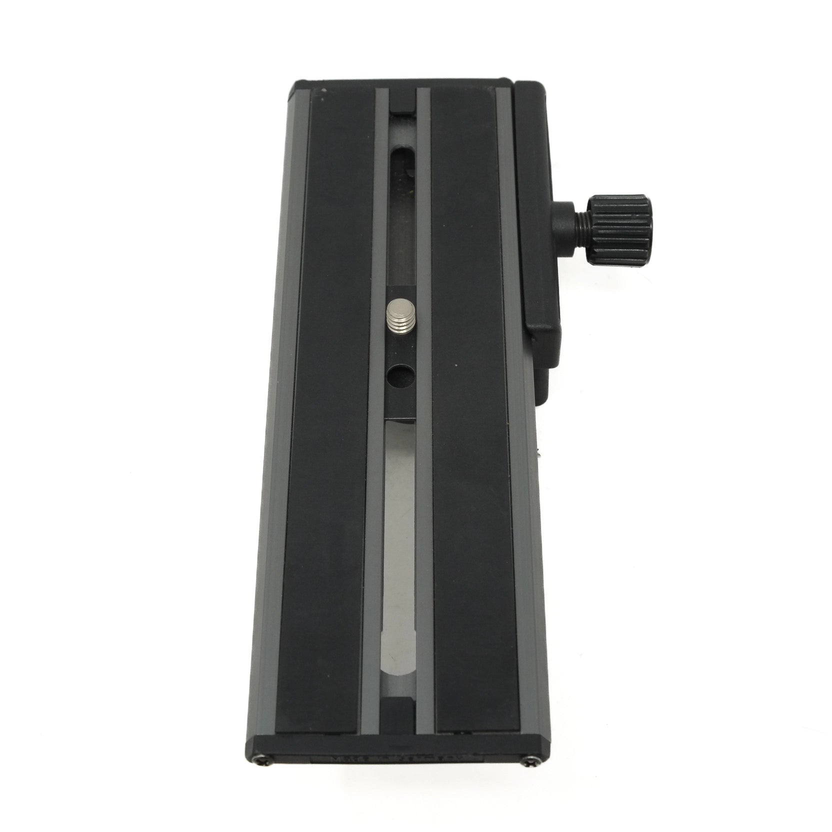 Black metal bracket with a screw and adjustment knob on a white background